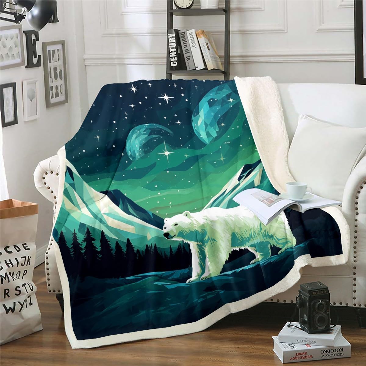 Erosebridal Polar Bear Throw Blanket for Couch Galaxy Night Borealis Fleece Blanket, Northern Lights Sherpa Blanket Arctic Animal Wildlife Blanket, Snow Mountain Bed Blanket Nature Theme Decor
