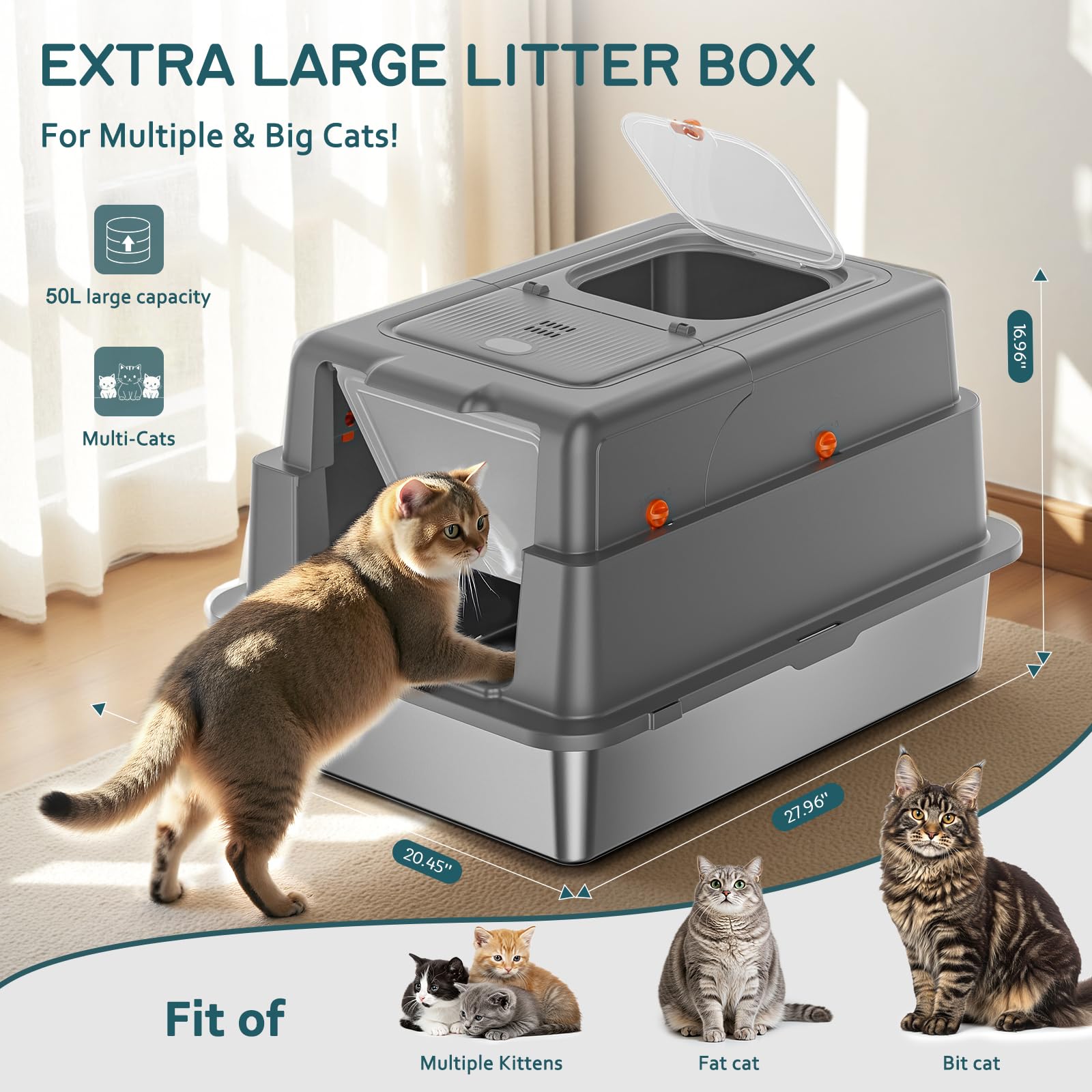 Stainless Steel Litter Box with Lid, 28" XXXL Large Cat Litter Box Enclosed for Multiple Cats, Odor Control with Carbon Filters, Anti-Leak High Sided, Includes Removable Lid & Scoop, Dark Gray - image 2