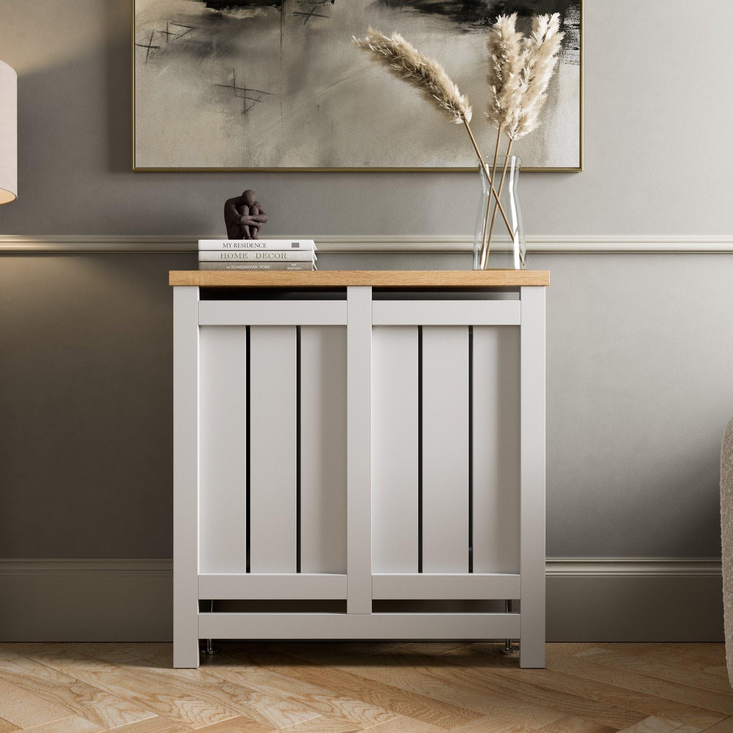 DuraThermยฎ Stratford Radiator Cover White Modern Vertical Slat Shelves MDF Cabinet Shelf for Radiators, Living Rooms, Bedrooms, Small (W: 78cm / H: 81.5cm / D: 19cm)