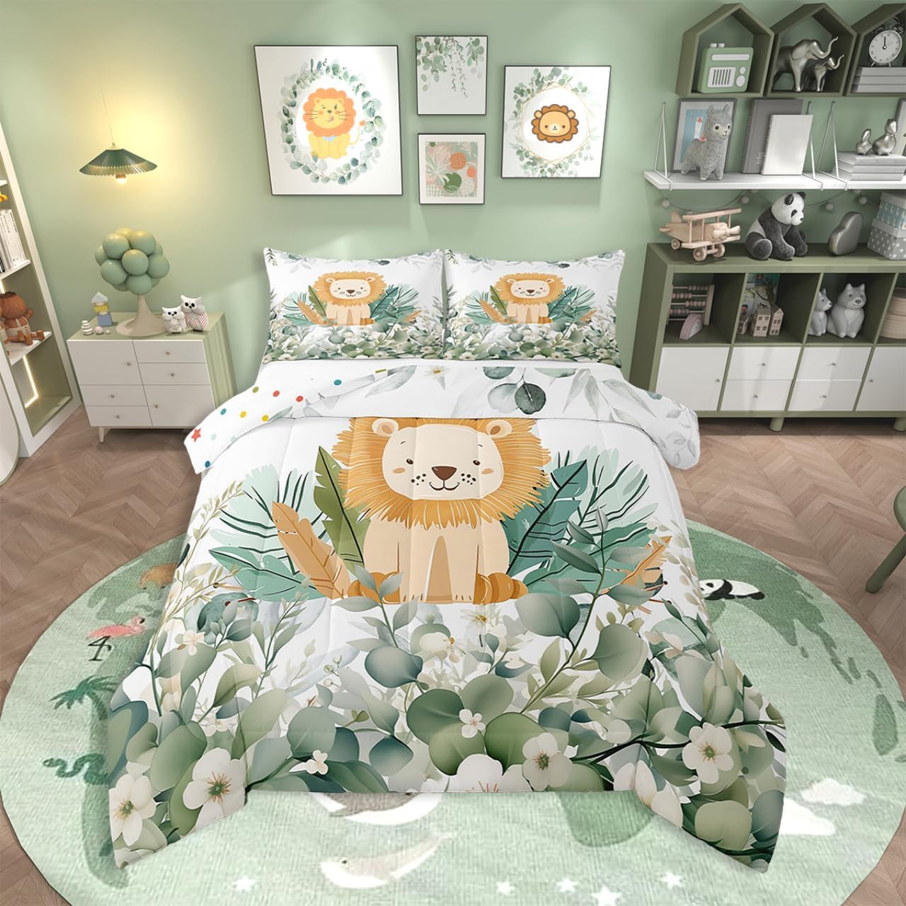 Erosebridal Kids Cute Animal Queen Comforter Set for Girls Boys Cartoon Lion Bedding Set Queen, Spring Eucalyptus Bedding Comforter Sets Leaves Duvet Set, Kawaii Jungle Animal Quilted Comforter