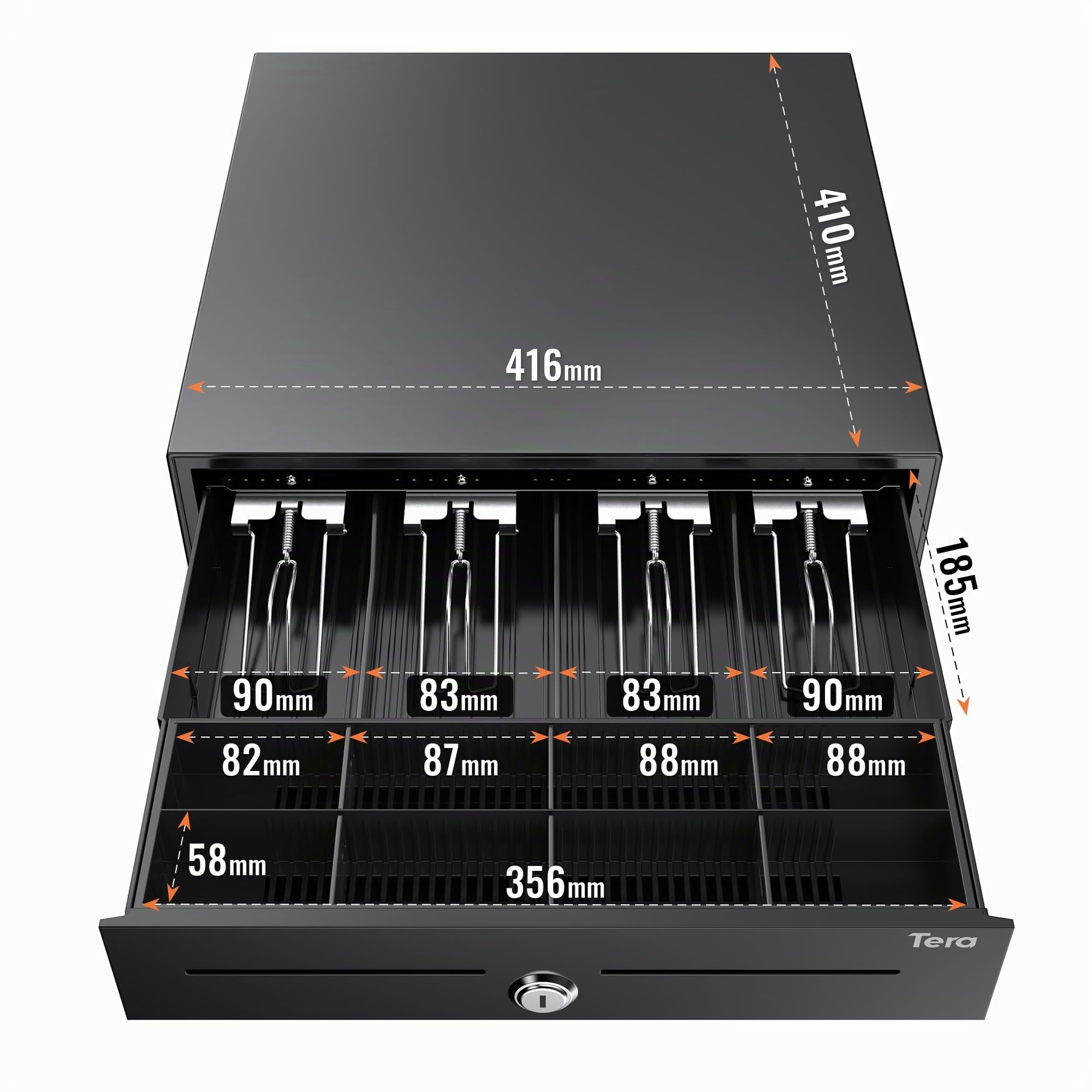 Tera Tiroir-Caisse Métallique Verrouillable avec Monnayeur: 41 × 41,6 × 11,3 cm 4 Compartiments Billets 8 Pièces avec Insert RJ12 Clés pour Caisse Enregistreuse Commerce Supermarché M415