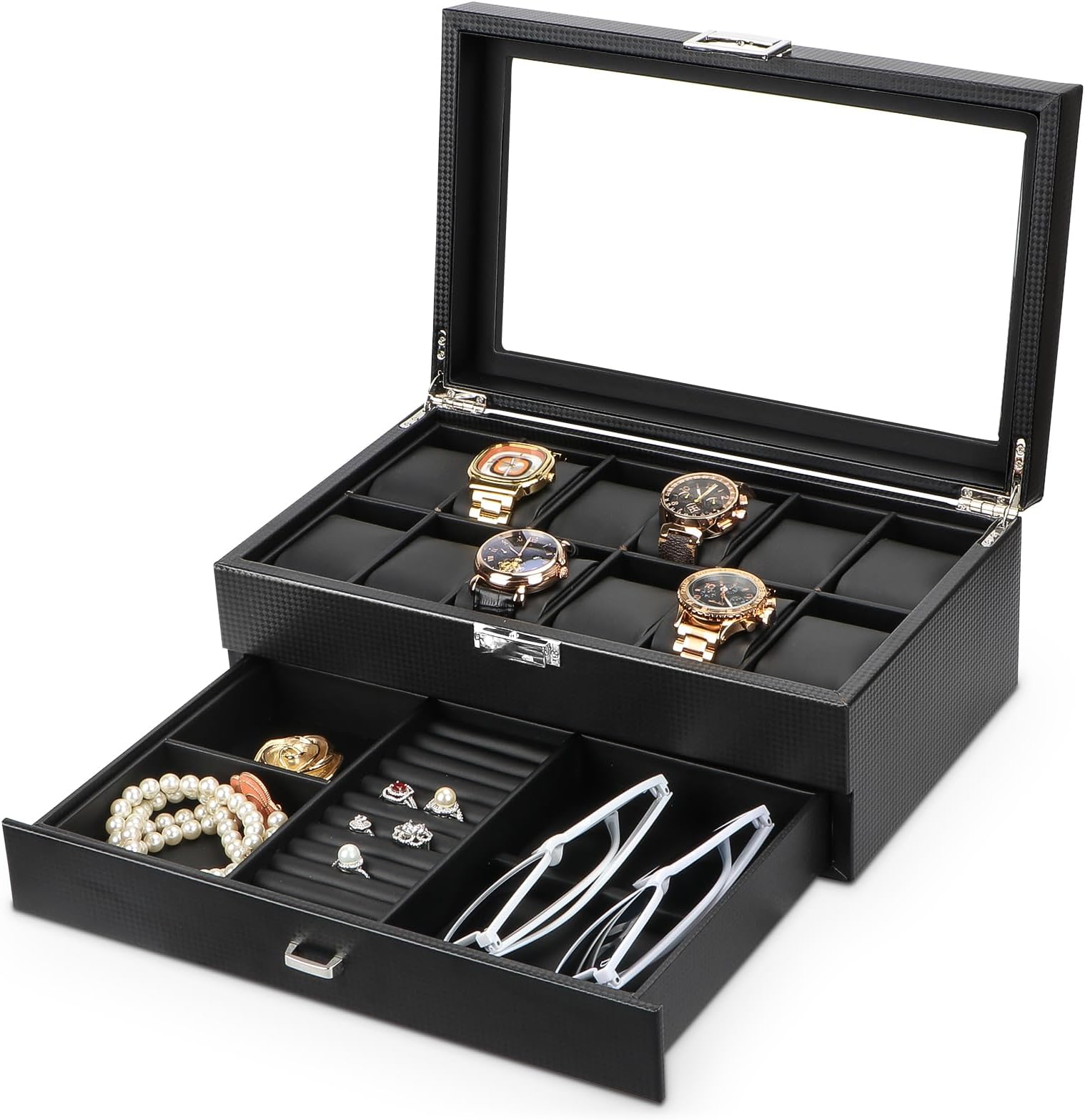 Homarket 12 Slot Luxury Watch Case Display Organizer, Carbon Fiber Design -Metal Buckle for Mens Jewelry Watches, Men's Storage Holder Boxes has a Large Glass Top