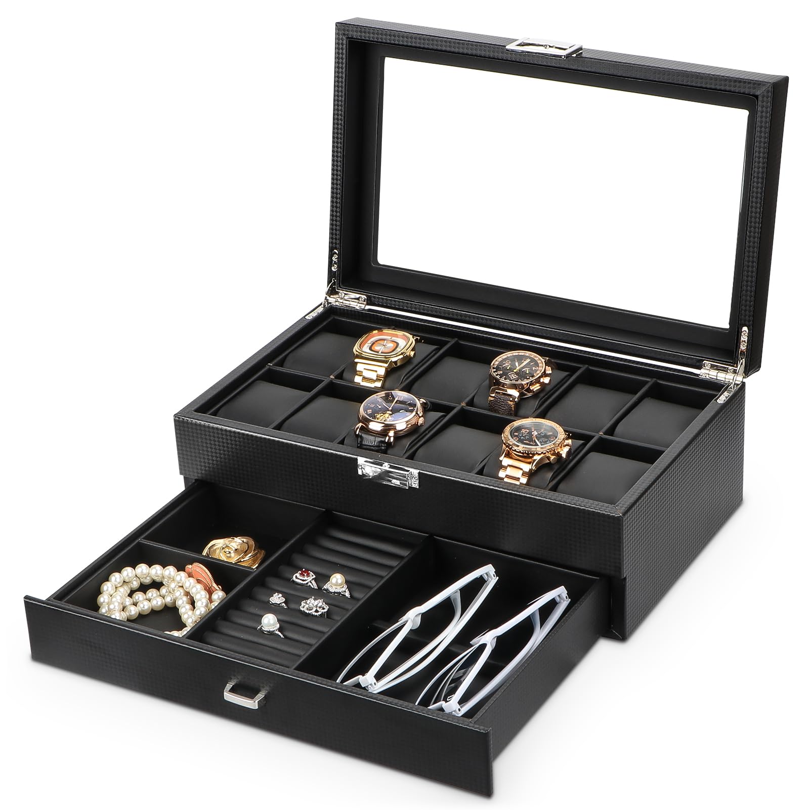 Homarket 12 Slot Luxury Watch Case Display Organizer, Carbon Fiber Design -Metal Buckle for Mens Jewelry Watches, Men's Storage Holder Boxes has a Large Glass Top