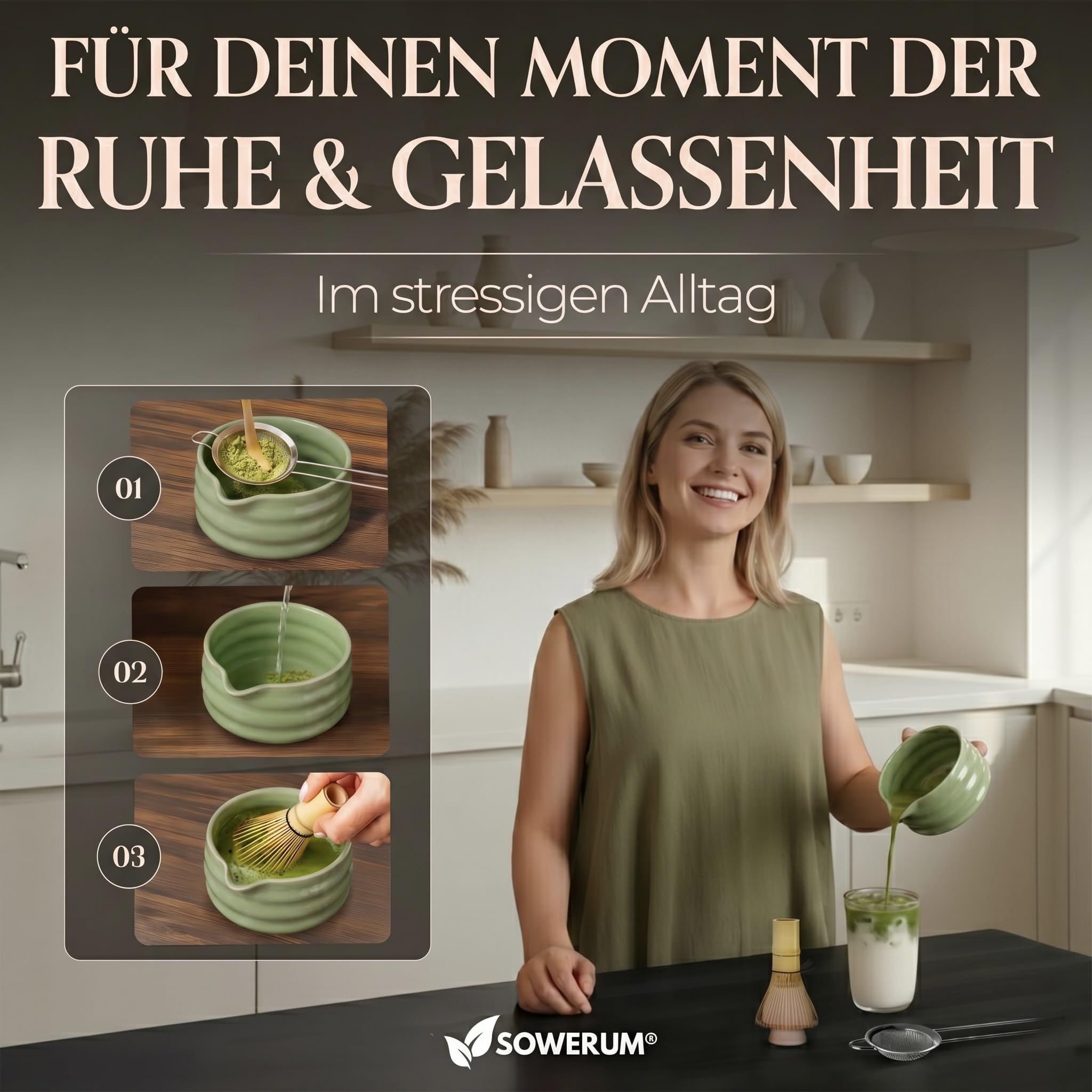 Matcha Set 5-teilig – Matcha Zeremonie Set mit Schale, Bambusbesen, Halter, Sieb & Löffel – Japanisches Tee Set Geschenk für Frauen & Männer – Matcha Zubehör Starter Set (Grün) (Grün)