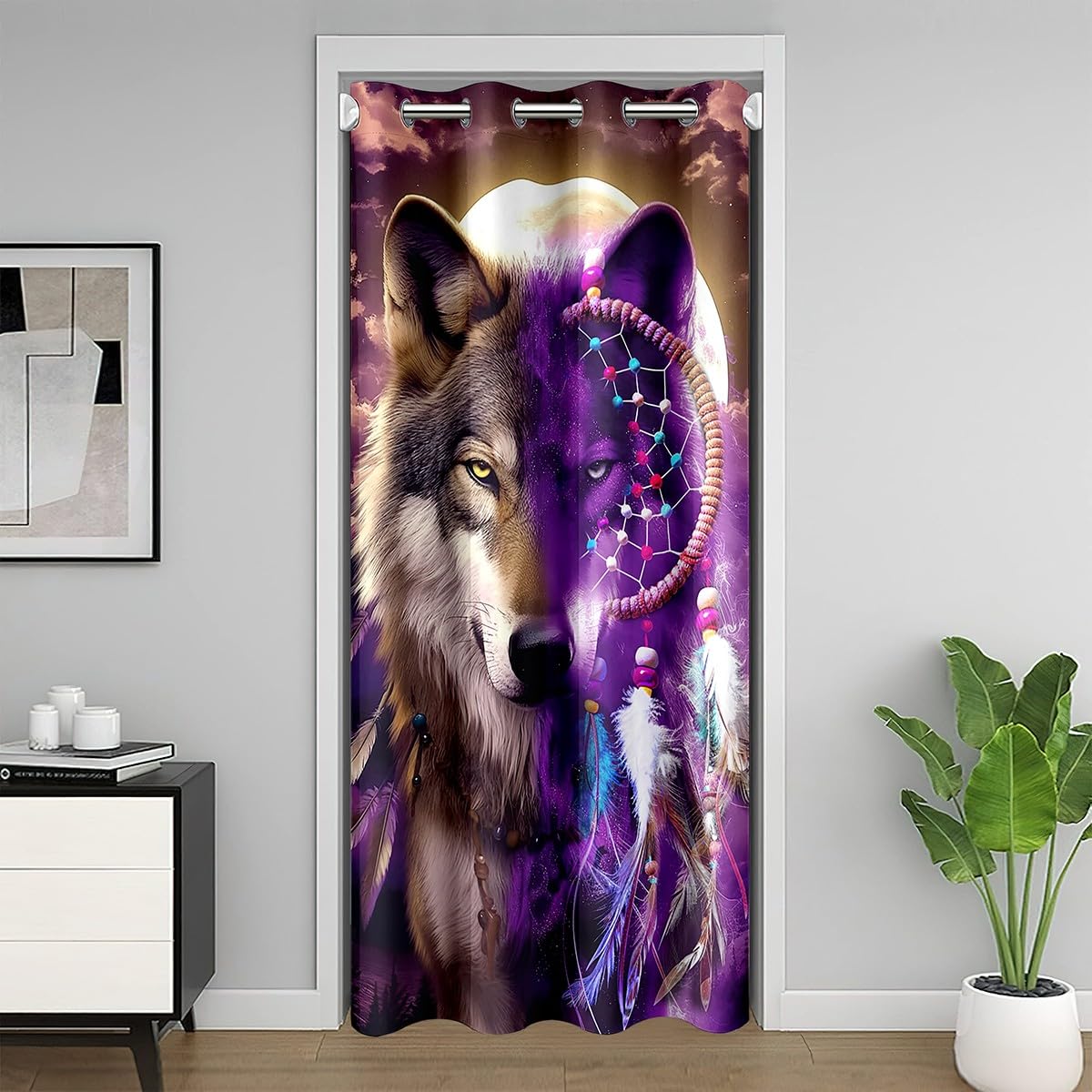 Feelyou Wolf 30%-50% Blackout Curtain 52x84 Inch 1 Panel, Wolves Howling Door Curtain for Doorway Privacy Wild Animal Closet Door Cover Curtain for Living Boho Dream Catcher Doors with Windows