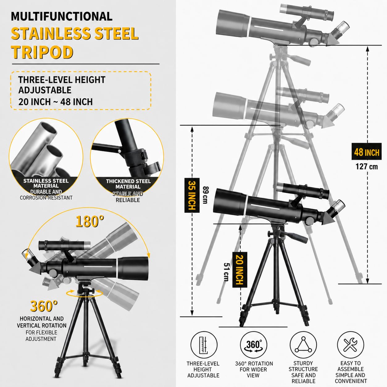 Telescopio Astronomico Professionale per Adulti e Bambini, 70/500mm | Telescopio Rifrattore Portatile per Principianti con Treppiede Regolabile, Filtro Lunare, Adattatore Telefonico e Borsa