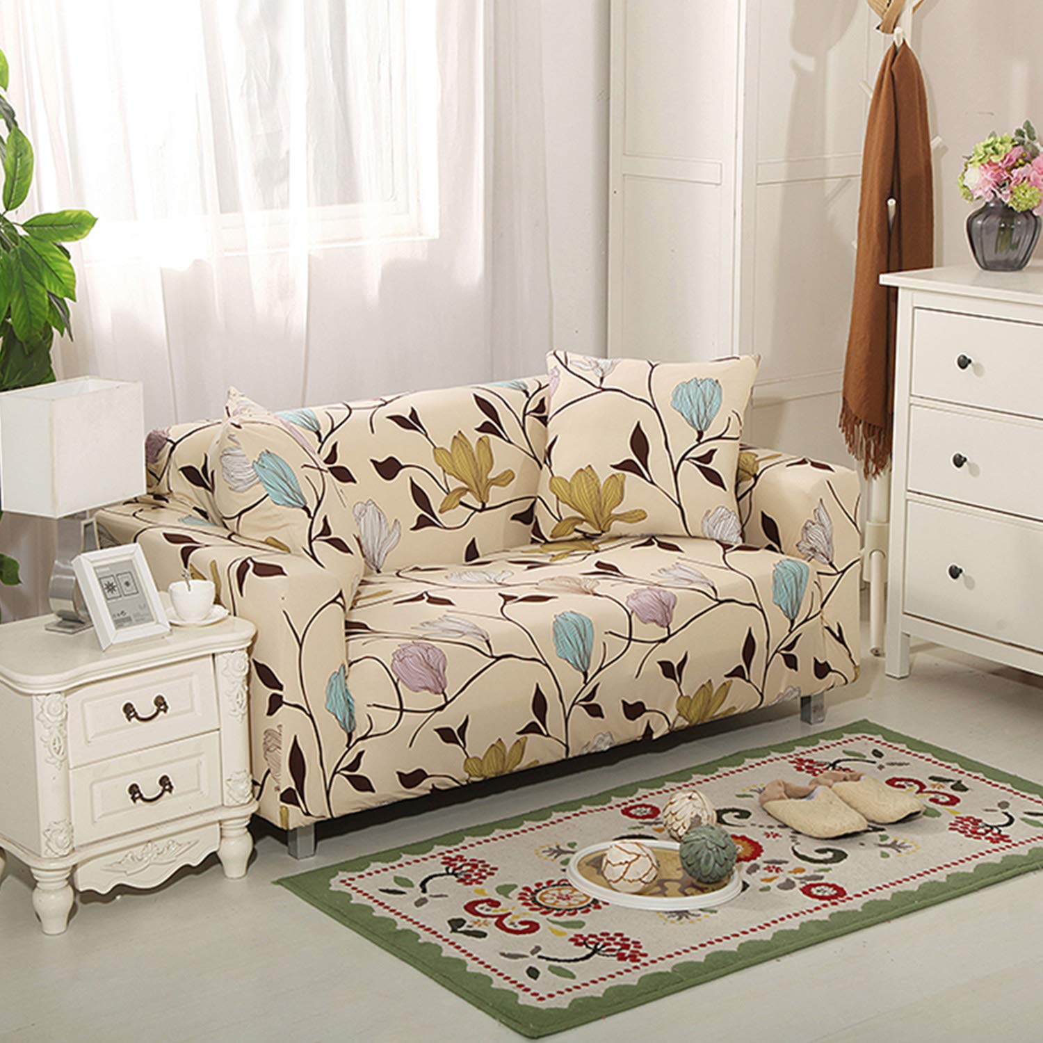 Copridivano Elasticizzato serie di Fiori e Foglie 3 posti Fodera per Divano, Magnolia-Y