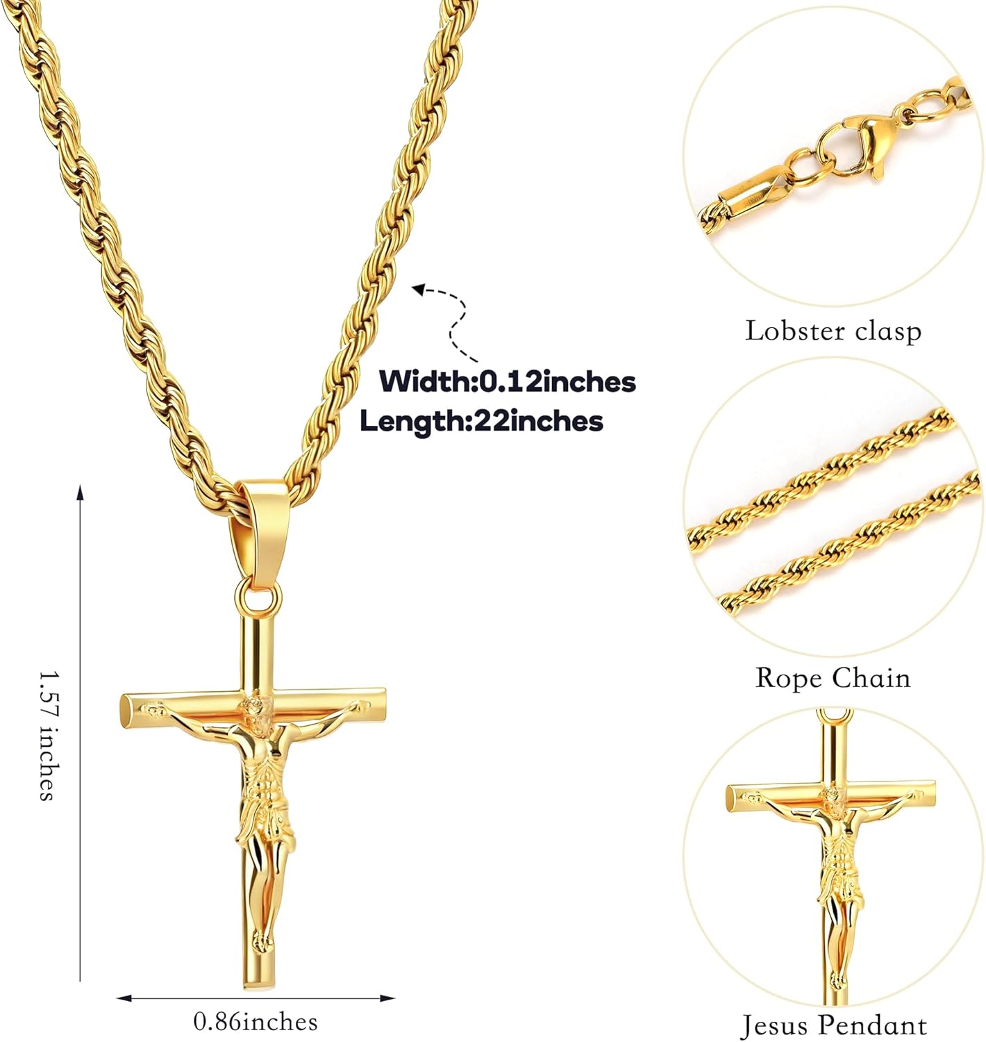 Mens Cross Necklace - Gold/Silver Chain, 18K Gold Plated Crucifix Pendant, Jewelry Gift for Him - Image 3