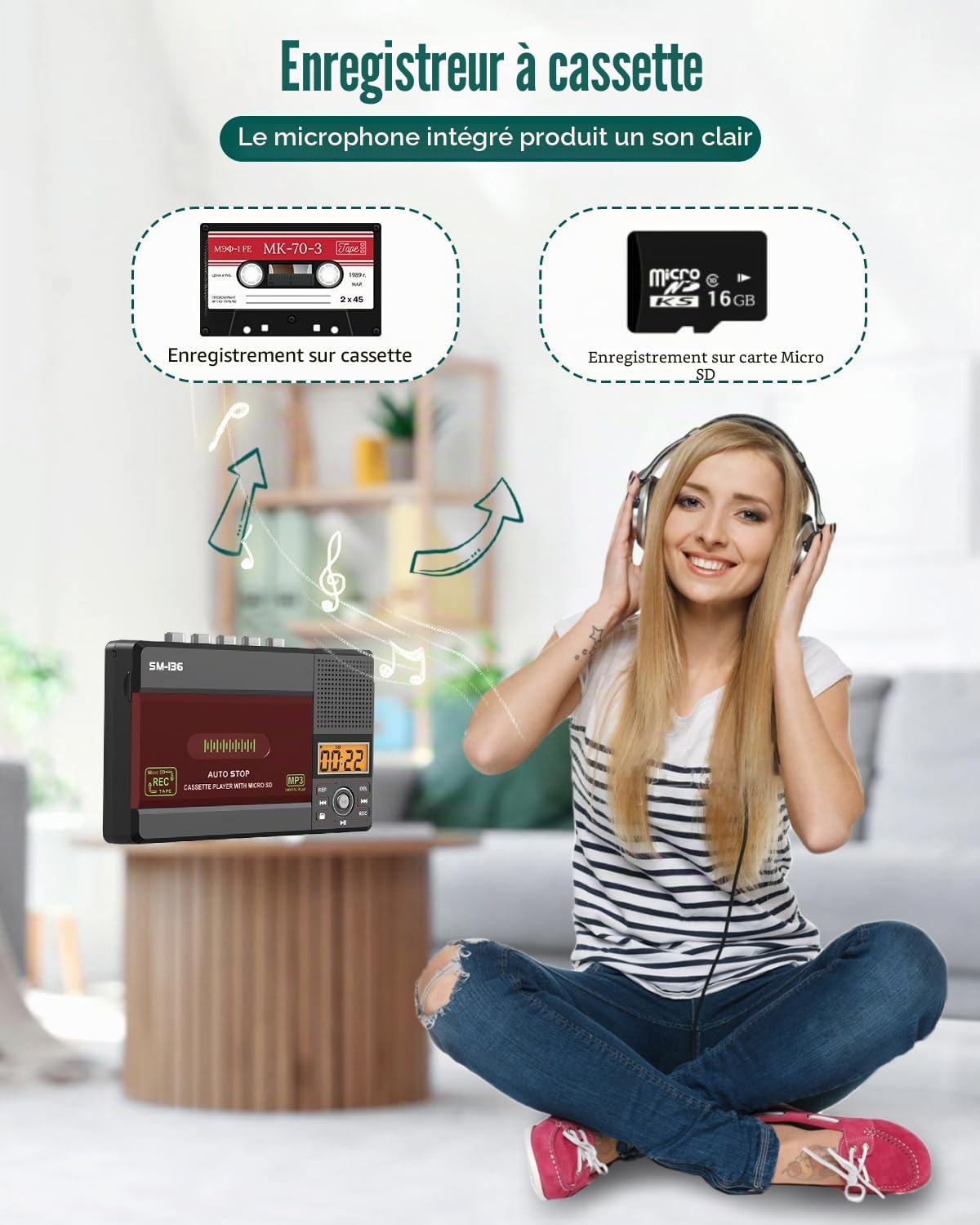 SEMIER Lecteur de Cassette, USB C ou Carte SD, convertisseur de Cassette Audio vers MP3, Enregistrement sur Cassette/Ordinateur/Carte SD Via Micro, écran LCD, Haut-Parleur, Prise Casque, Carte SD 16