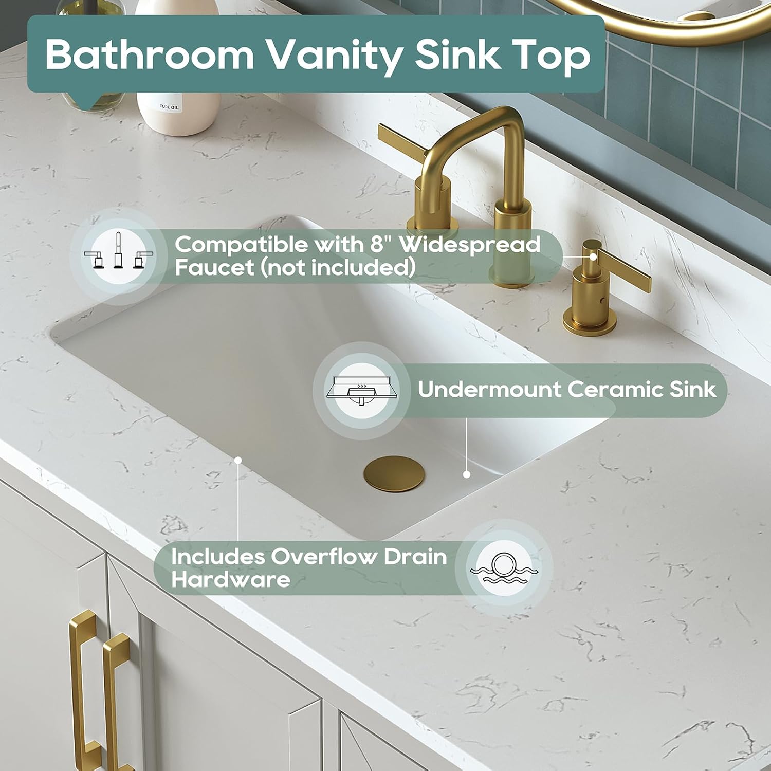 48 Inch Bathroom Vanity with Sink Combo, Solid Wood Frame with Mable Top &Backspalsh, Fully-Assembled with Soft-Closing Doors & 7 Drawers, Greige