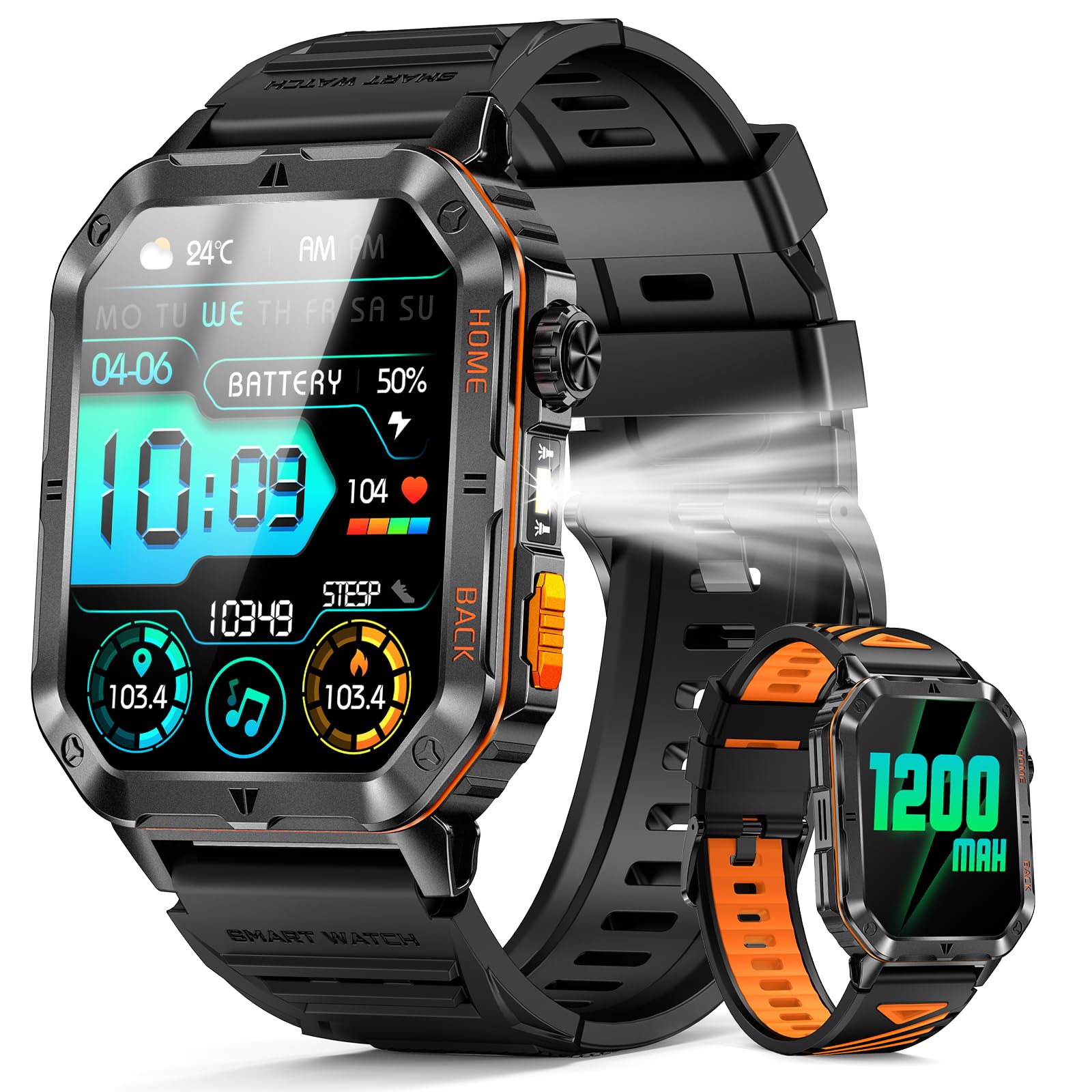 PODOEIL Military Smart Watches for Men, 2.01" HD Screen, 30-Day Battery, 5ATM Waterproof, LED Flashlight, Heart Rate & Sleep Monitor, 110+ Sports Modes, 2 Watch Bands, Android iOS