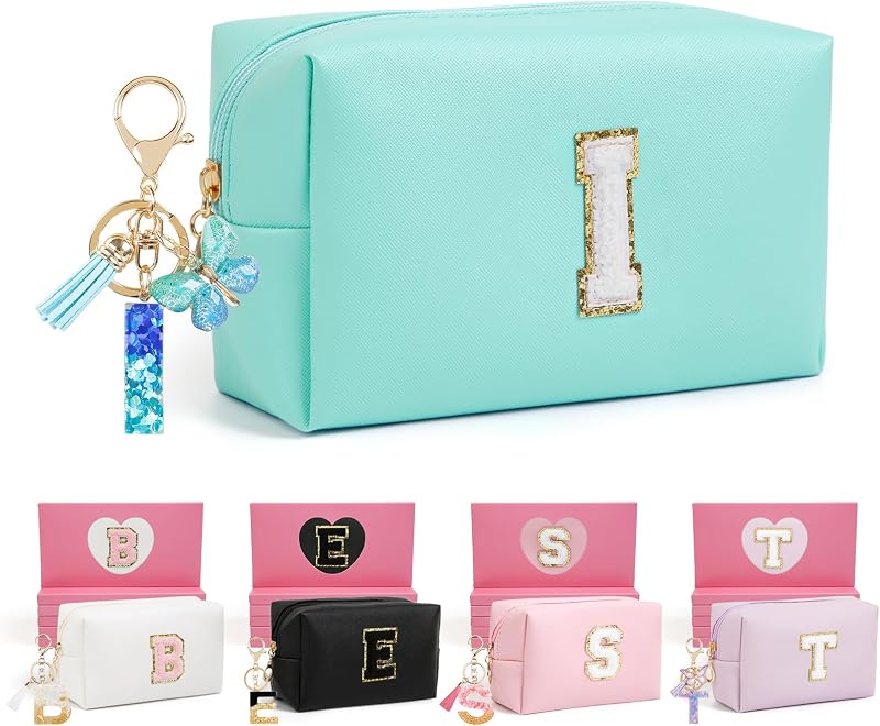 Necessaire de maquiagem AIBFRID em couro PU azul com estampa de letra I, zíper e tassel