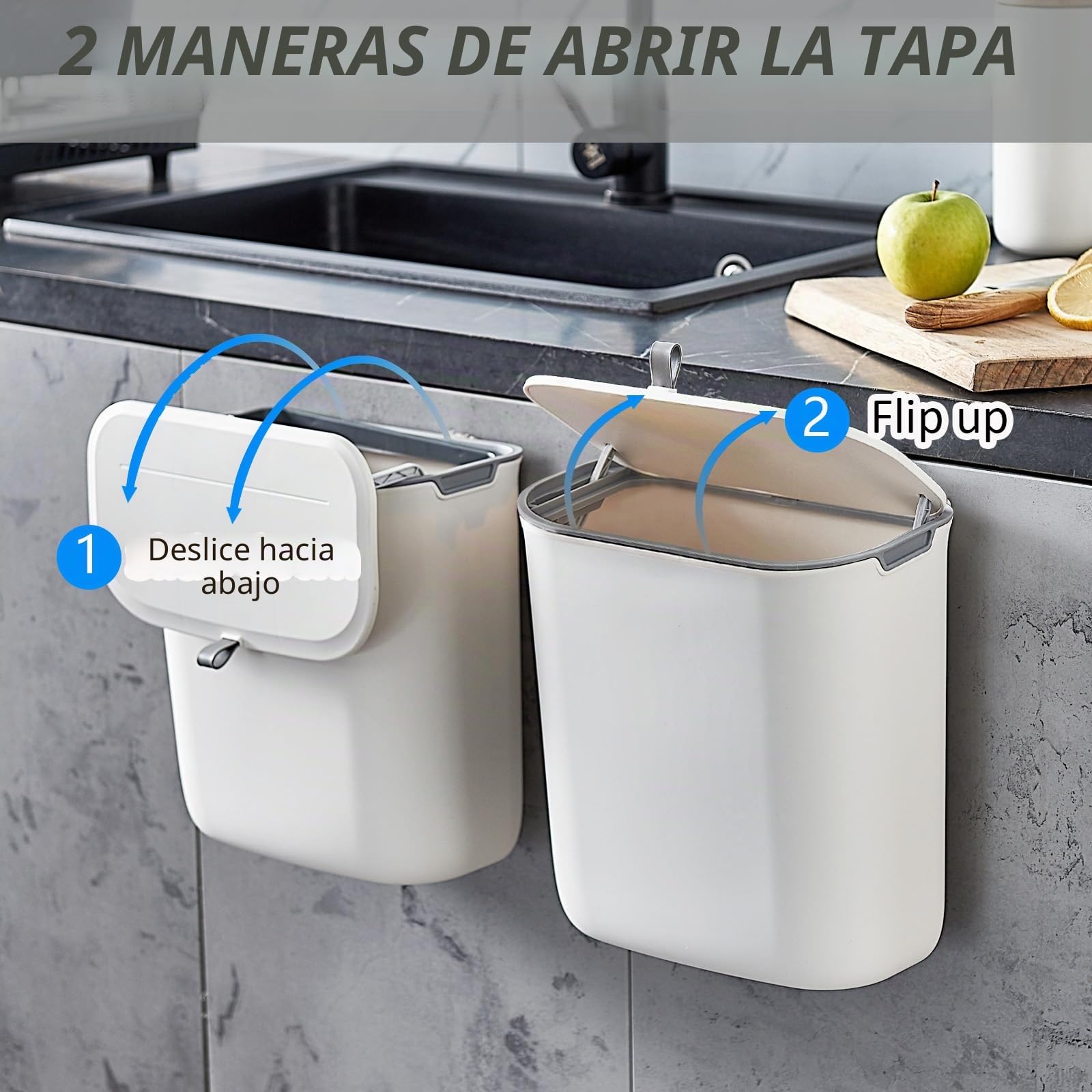 ELPHECO Cubo de basura colgante de 9,5 litros con tapa, para puerta de armario de cocina, debajo del fregadero, cubo de basura de plástico, contenedor de compostaje montado en la pared abierto,