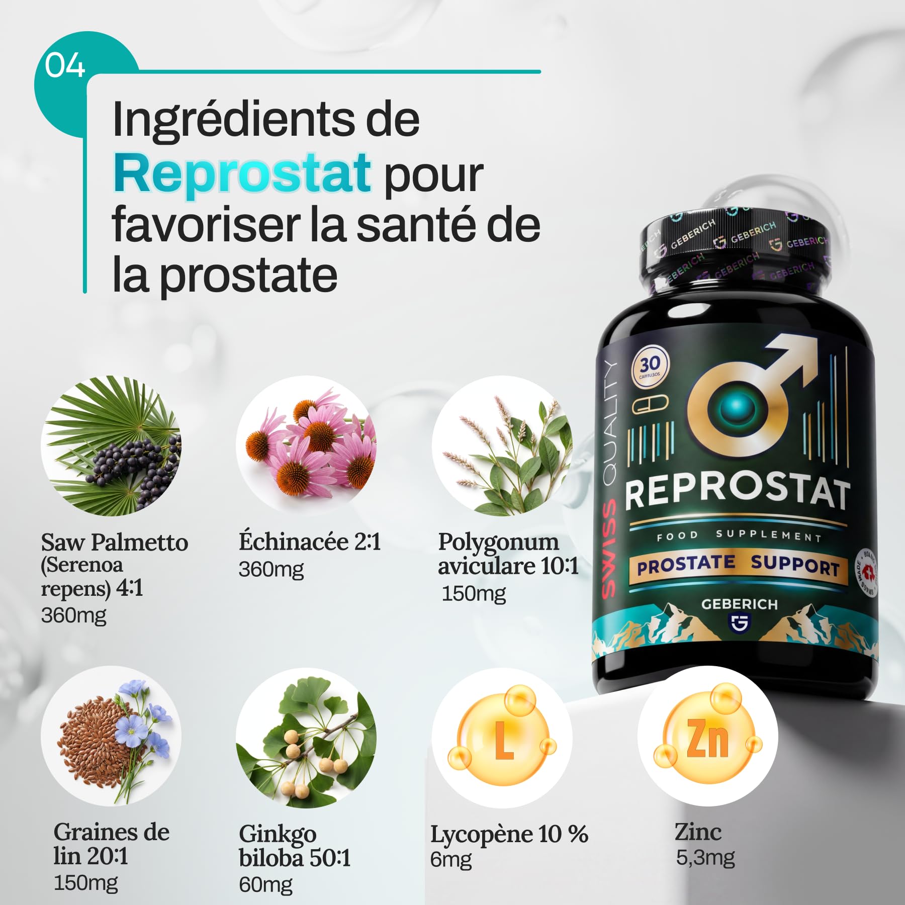 Gélules REPROSTAT | Soutien de la prostate | Serenoa repens 360 mg + Echinacea angustifolia 360 mg | Confort urinaire | avec Graines de Lin, Ginkgo biloba, lycopène et zinc | 30 Gélules