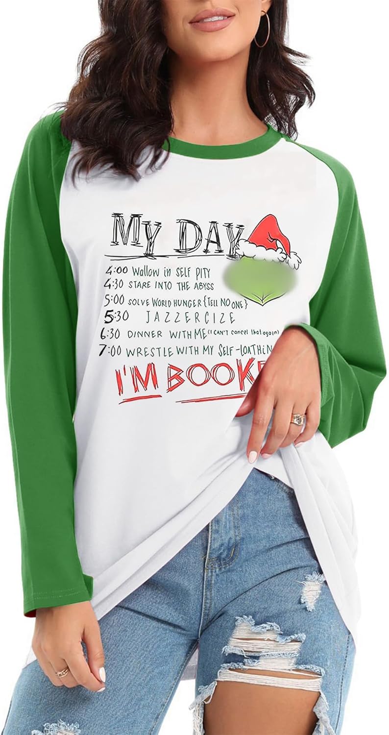 T-Shirt Women Long Sleeve Stole Christmas Funny Printing Unisex Style Girls Ladys i m Booked (US, Alpha, X-Large, Regular, Regular, Green)