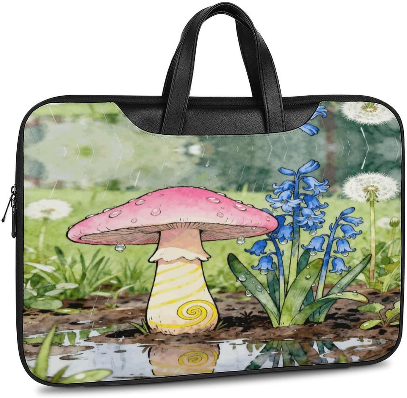 Mushroom Floral 42x30.5cm Black-style Laptop Bag Leather Tablet Computer Briefcase Large Capacity Work Business Tote Bags for Office