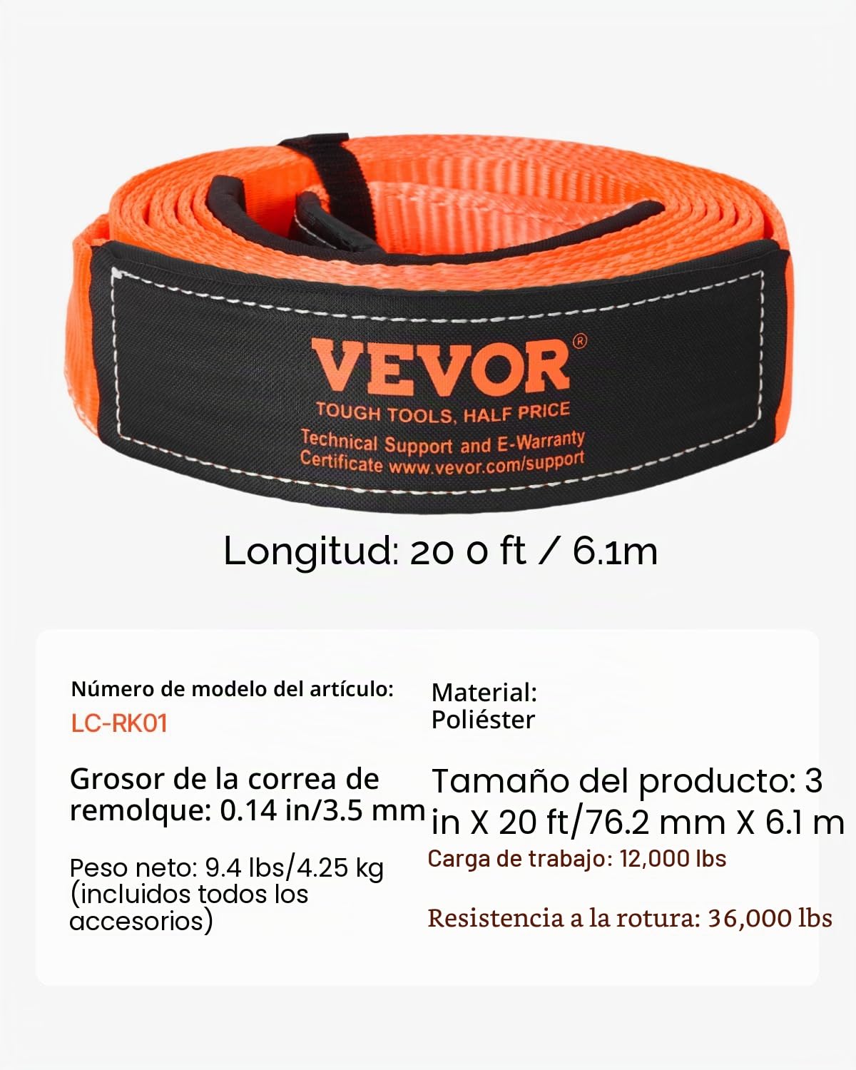 VEVOR Kit de Recuperación de Correas de Remolque, 76,2 mm x 6,1 m Capacidad de 16329 kg Correa de Cabrestante con Fundas Protectoras y Bolsa de Almacenamiento, Grilletes de Anilla en D para SUV, ATV