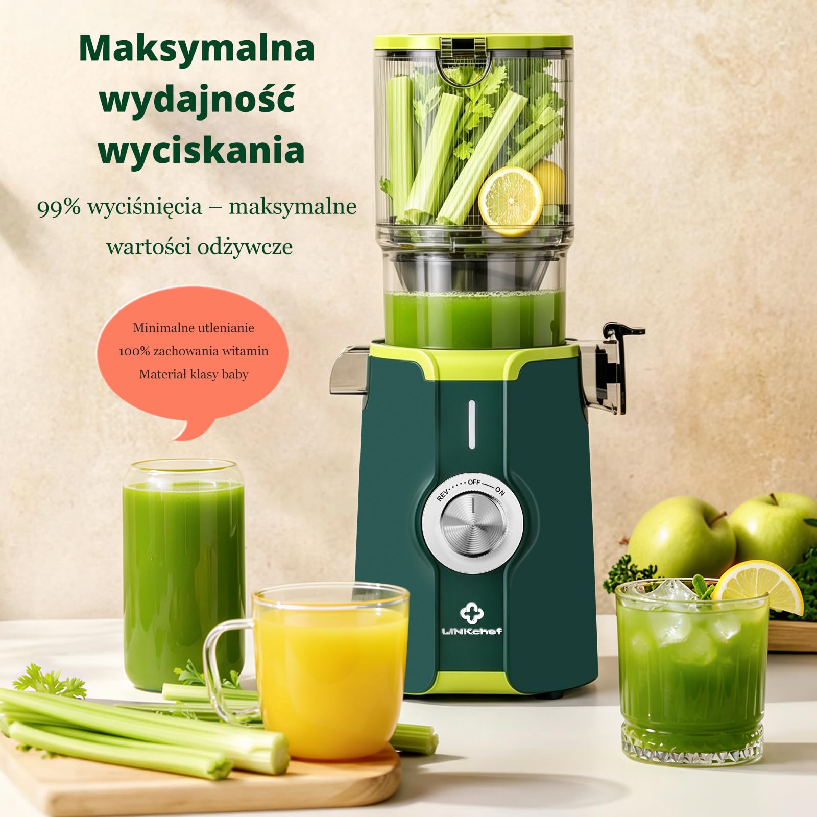 LINKChef Sokowirówka wolnoobrotowa, elektryczna wyciskarka do całych warzyw i owoców, łatwa instalacja, nie zawiera BPA, 115 mm, 200W, Zielony