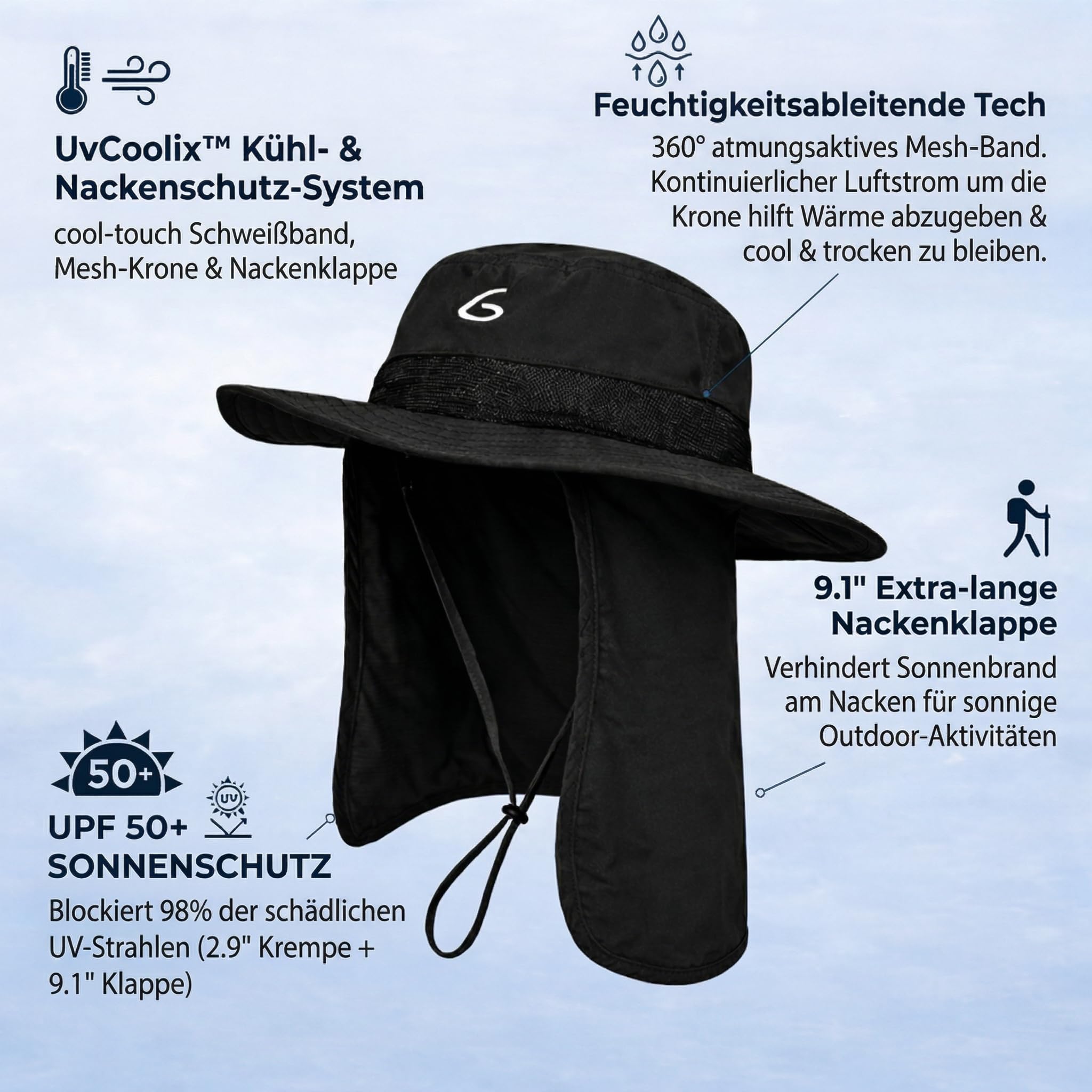 TOP-EX UVCoolix Sombrero de sol refrescante con protección para el cuello UPF 50+ de ala ancha, sombrero de pesca para hombre y mujer, al aire libre, senderismo, pesca, viajes
