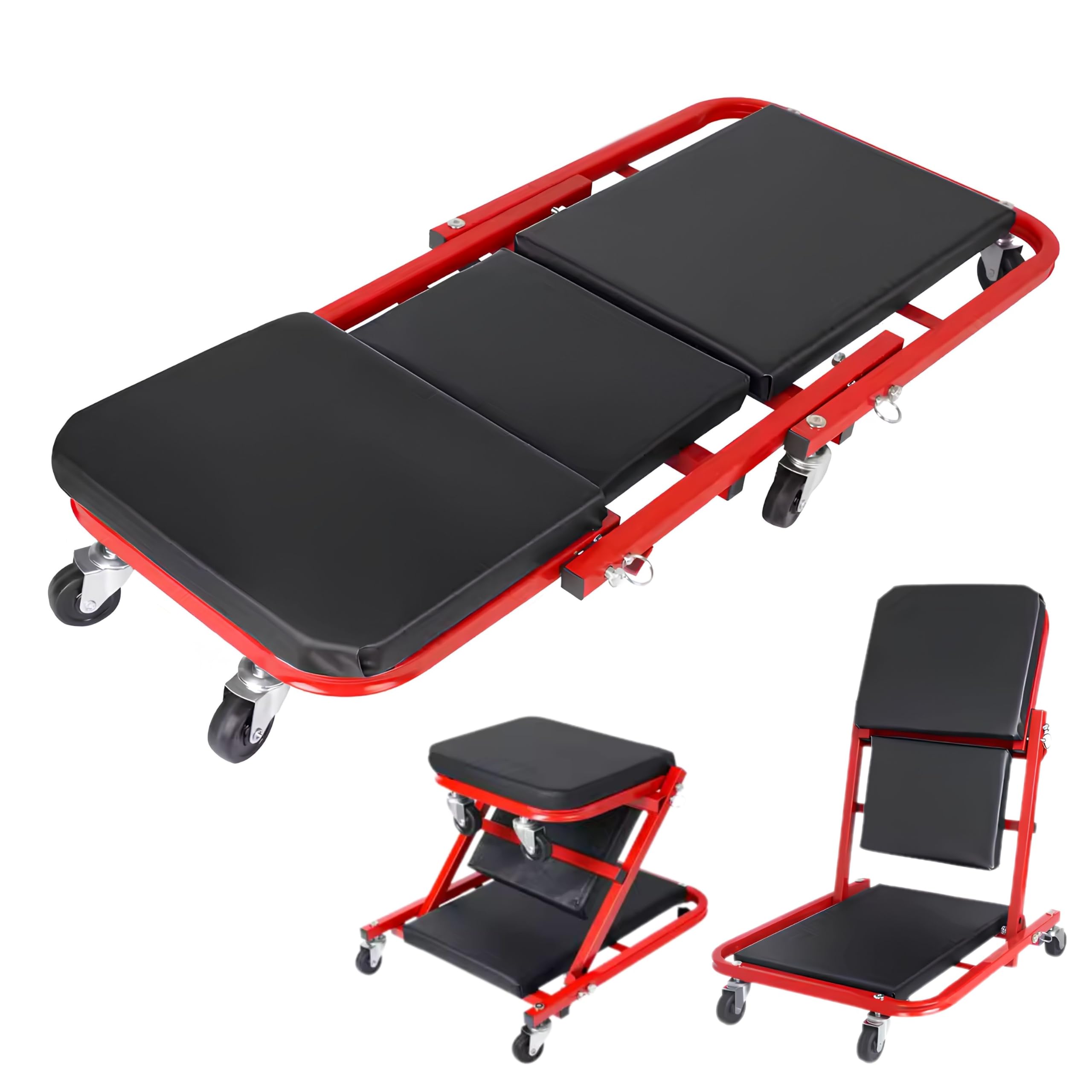 YASTA Carrello sotto Auto 2 in 1 Sgabello da Officina Meccanico Lettino Pieghevole 90cm Portata 150Kg Sedile Riparazione Imbottito con 6 Ruote Girevoli