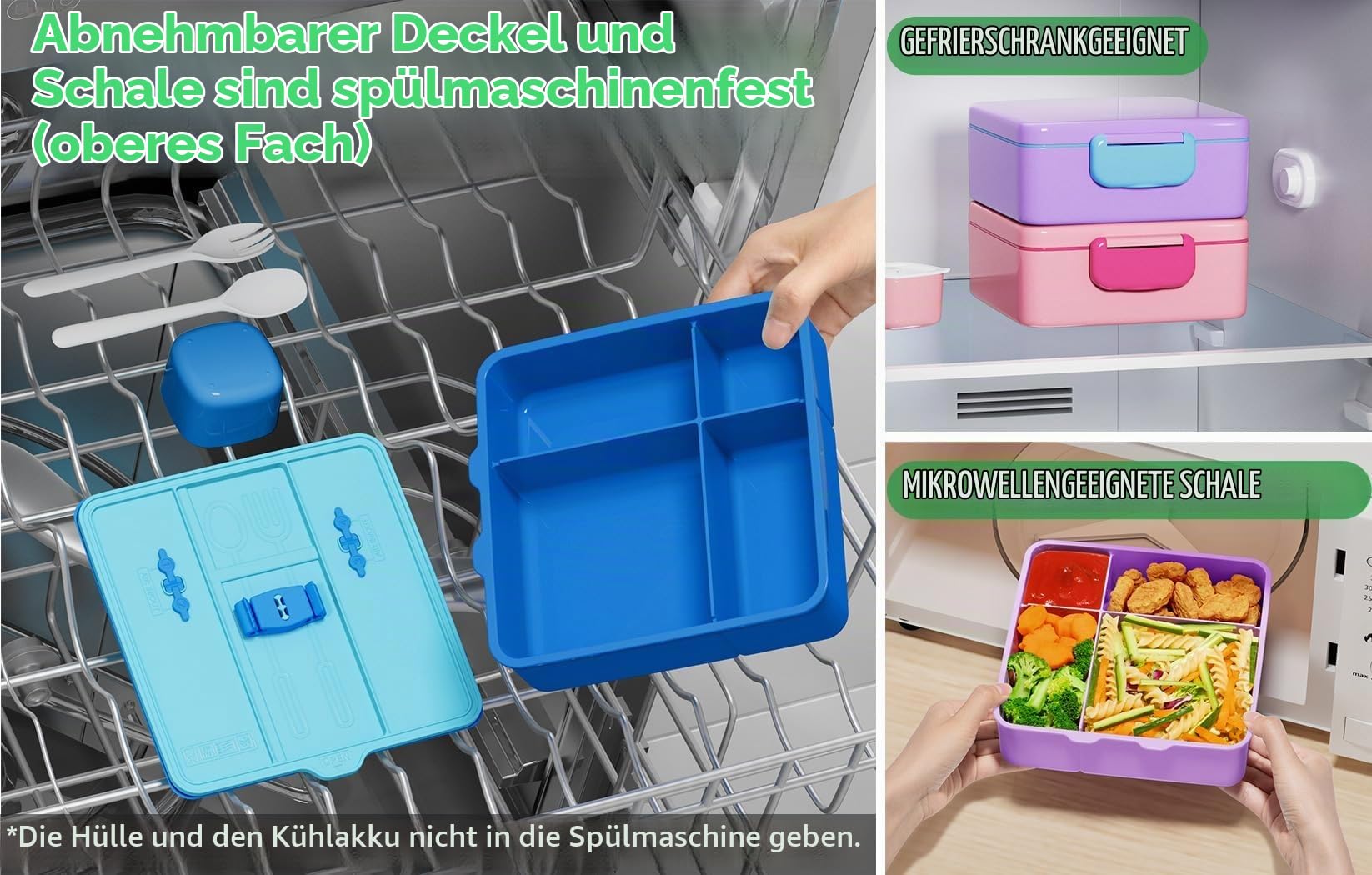 Fimibuke Chill Bento-Box für Kinder und Erwachsene, Kleinkinder, Lunchbox mit Eisbeutel | Lebensmittelbehälter mit 4 Fächern, auslaufsicher, BPA-frei, für Mädchen, Jungen, Schule, mikrowellen- und spülmaschinenfest