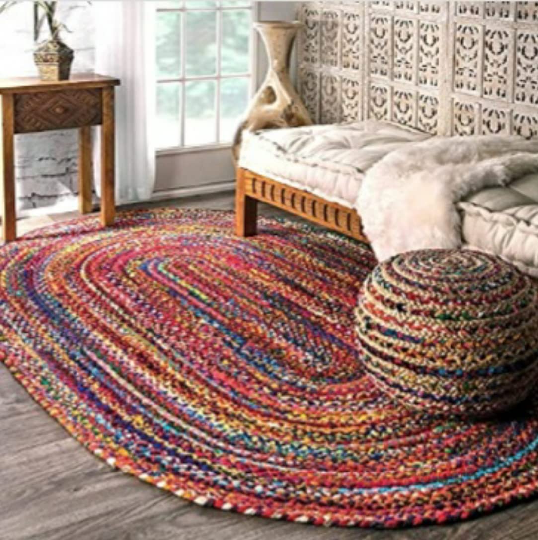 K.G.N. Handmade Oval Shape Natural Braided Unbleached Reversible/Carpet chindi & Cotton Rug for Bedroom Living Room Dining Room and Home Decor Multi Colour(5x7) feet