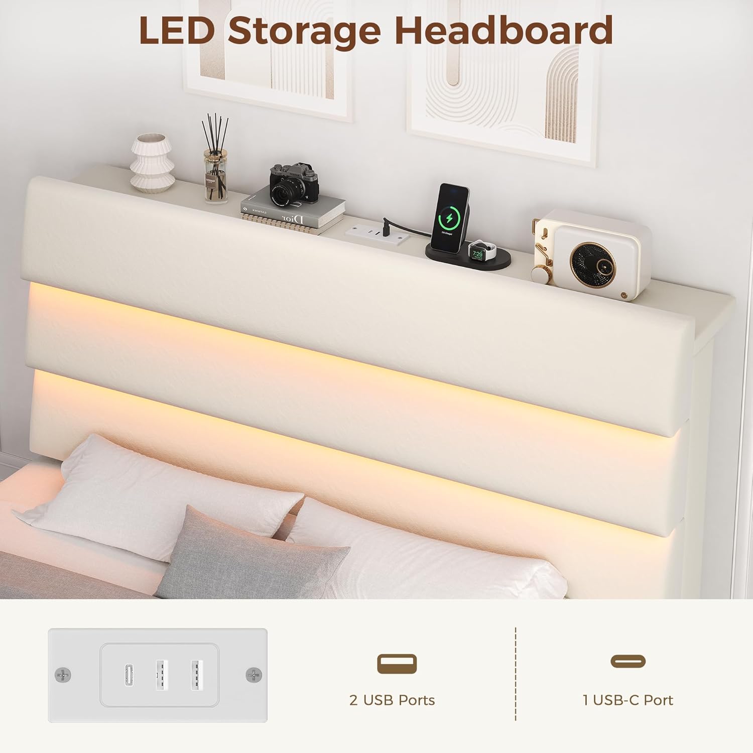Jocoevol Queen Size Bed Frame with 2 Storage Drawers and Headboard Shelf, Velvet Upholstered Platform Bed with LED Lights & Charging Station, Wooden Slats Support, No Box Spring Needed, Beige