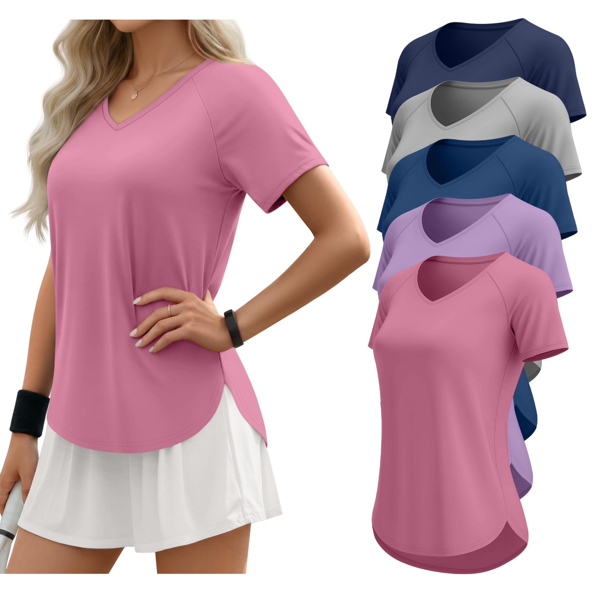 5 Pack Women Workout T-Shirts Quick Dry UPF 50 Sun Protection Yoga Gym V Neck Raglan Tops Side