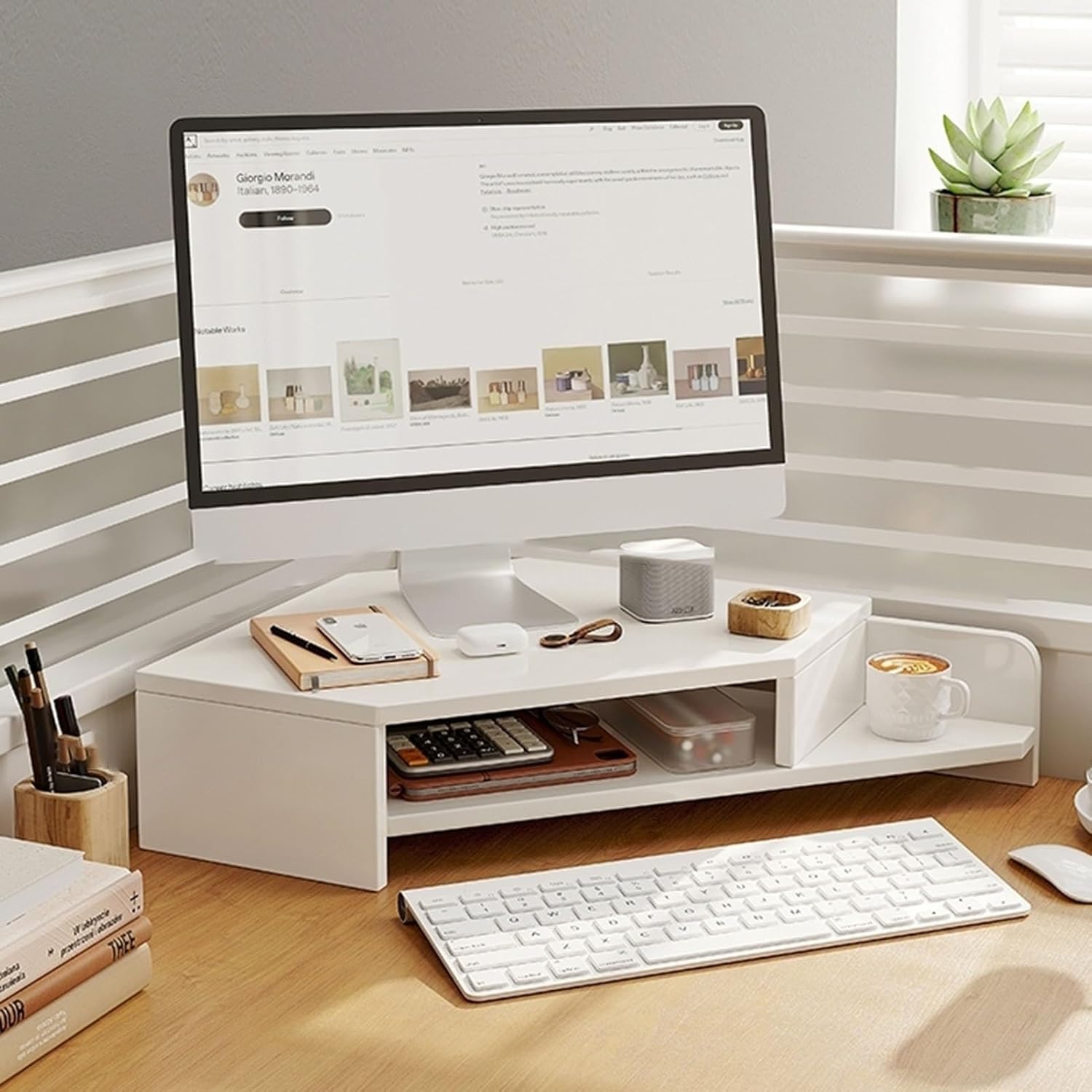 Kunovo Corner Monitor Stand with Double Storage Space, Ergonomic Triangle Desktop Corner Shelf, Save Space Desk Organizer Shelf for Office/Home (Color : White)