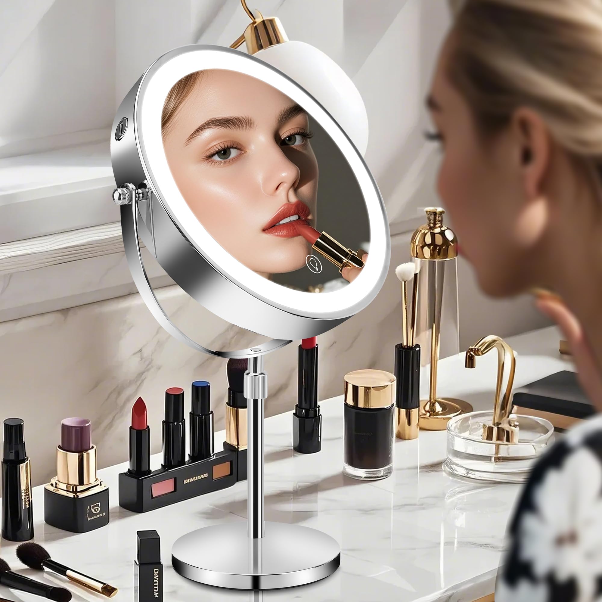 Specchio Trucco Con Luci, Specchio Ingranditore 10x Rotazione A 360° Con 3 Luci Colorate Luminosità Regolabile, Specchio Trucco Con Bifacciale Per La Cura Personale E Il Trucco
