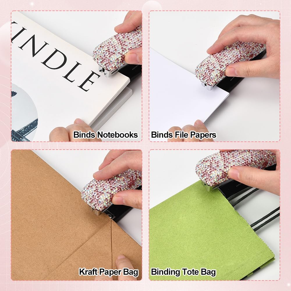 XhuangTech Bling Crystal Stapler, Handmade Rhinestone Cute Stapling Machine Stationery Stylish Accessories, Glitter Gem Desktop Stapler for Office School Classroom Home Supplies (Pink White) - Image 4