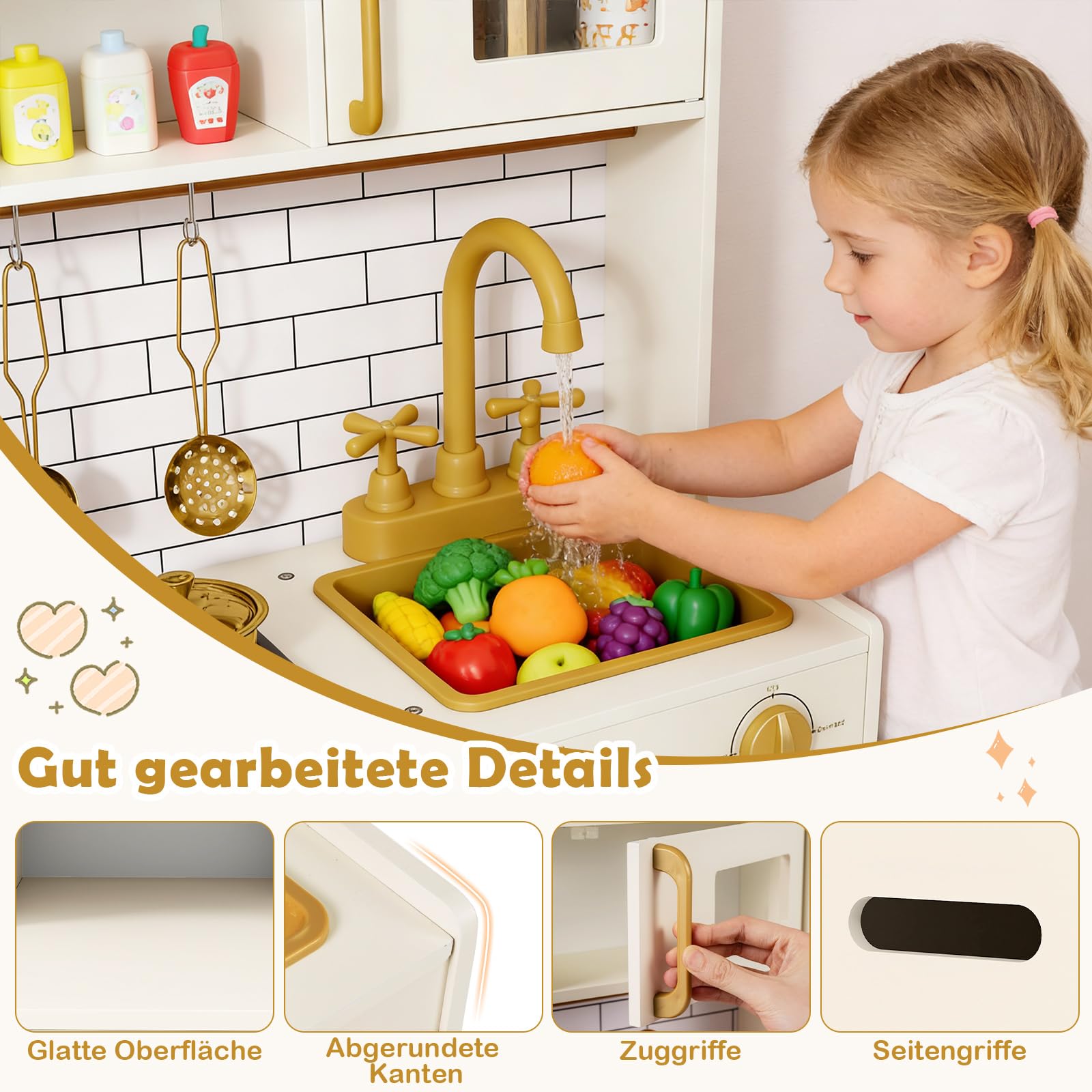 COSTWAY Kinderküche, Spielküche mit Licht und Sound, Holzküche inkl. Zubehör mit Spüle, Eisspender, Mikrowelle, Wasserspender & Ofen, Spielzeugküche für Kinder ab 2 Jahren