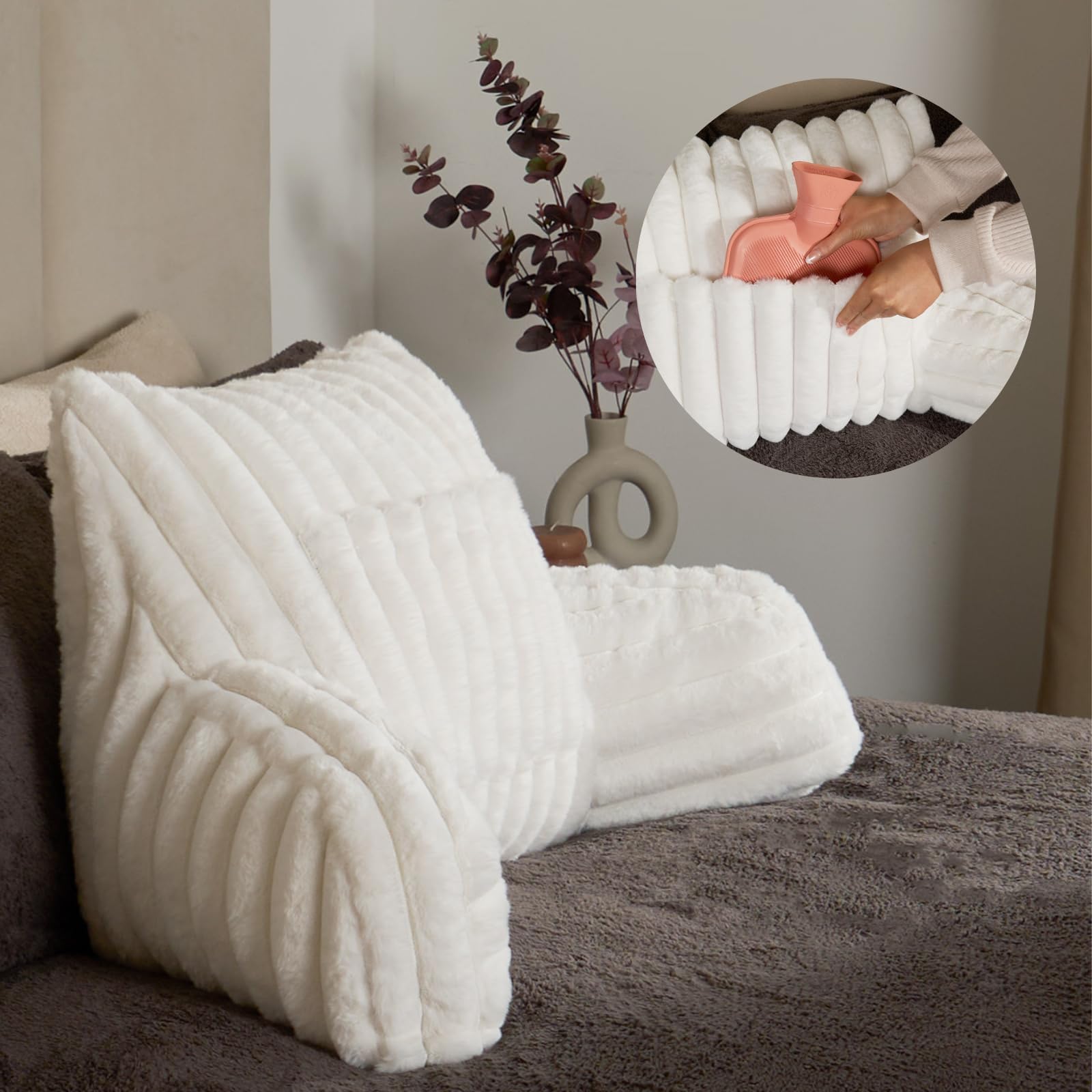 OHS Sit Up in Bed Pillow Cuddle Cushion, Ribbed Faux Fur Reading Pillow Sofy Cosy Gaming Cushion with Heatable Pocket Back Support Cushions with Arms Relaxing Comfy, Cream