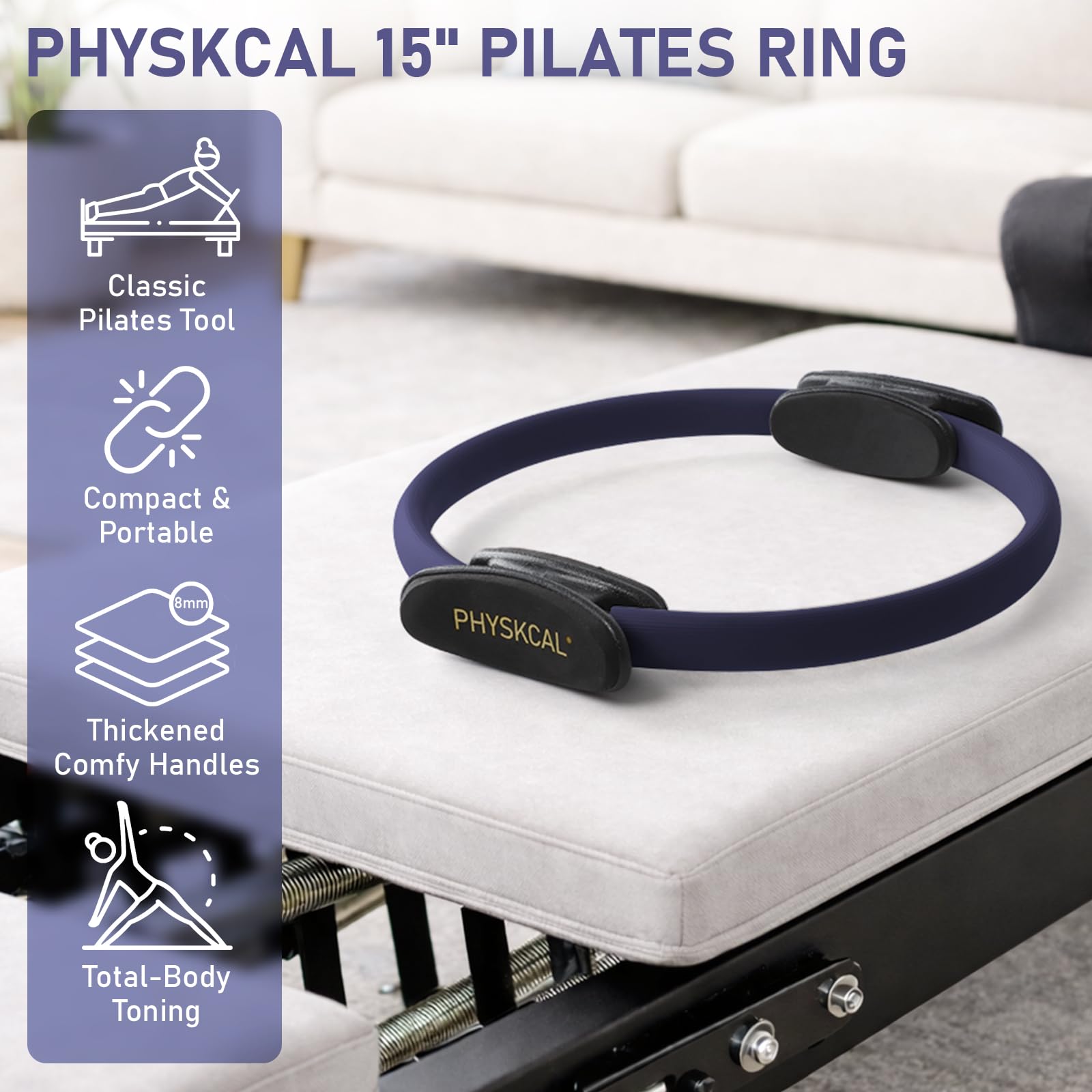 PhysKcal Anello per Pilates 38 cm, con Manici Imbottiti Extra Spessi, Attrezzatura per tonificare l'interno Coscia, Foglio di Allenamento Incluso