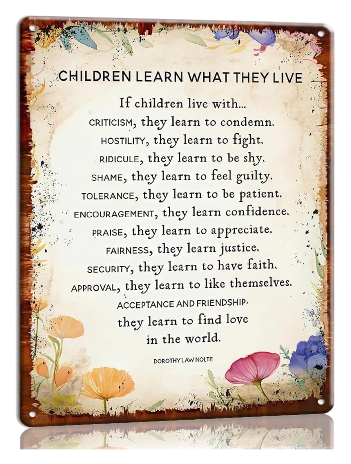 FNYUVNFAF Learn What They Live Poem Metal Sign for Parents Bedroom Nursery Playroom Home Inspirational Decor 8 X 12 in