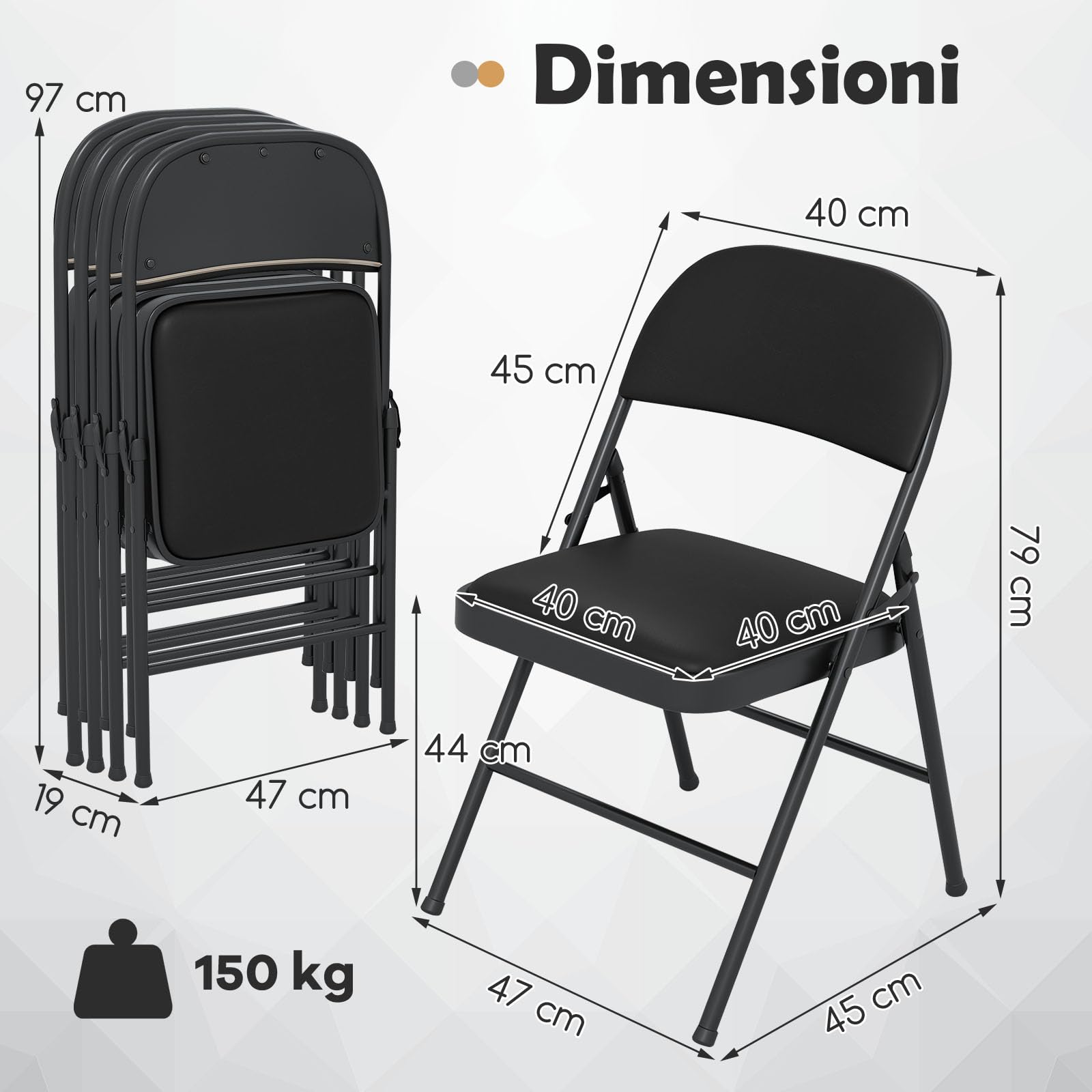 COSTWAY Set di 4 Sedie Pieghevoli, Sedia per Interno ed Esterno con Struttura in Metallo, Sedie Impilabili in Artificiale PVC, Portata 150kg, Sdraio Imbottite da Pranzo per Feste e Matrimoni (4)