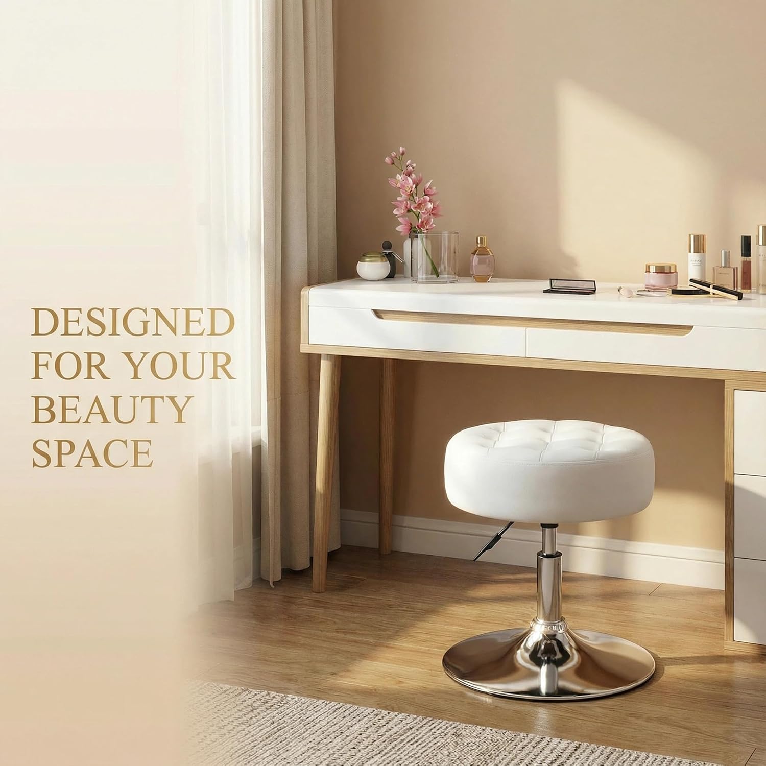 Furnimart Modern 360° Swivel Round White Vanity Ottoman Stool,Faux Leather Contemporary Makeup Accent Stool for Bedroom Living Room Entryway (Pu-White)