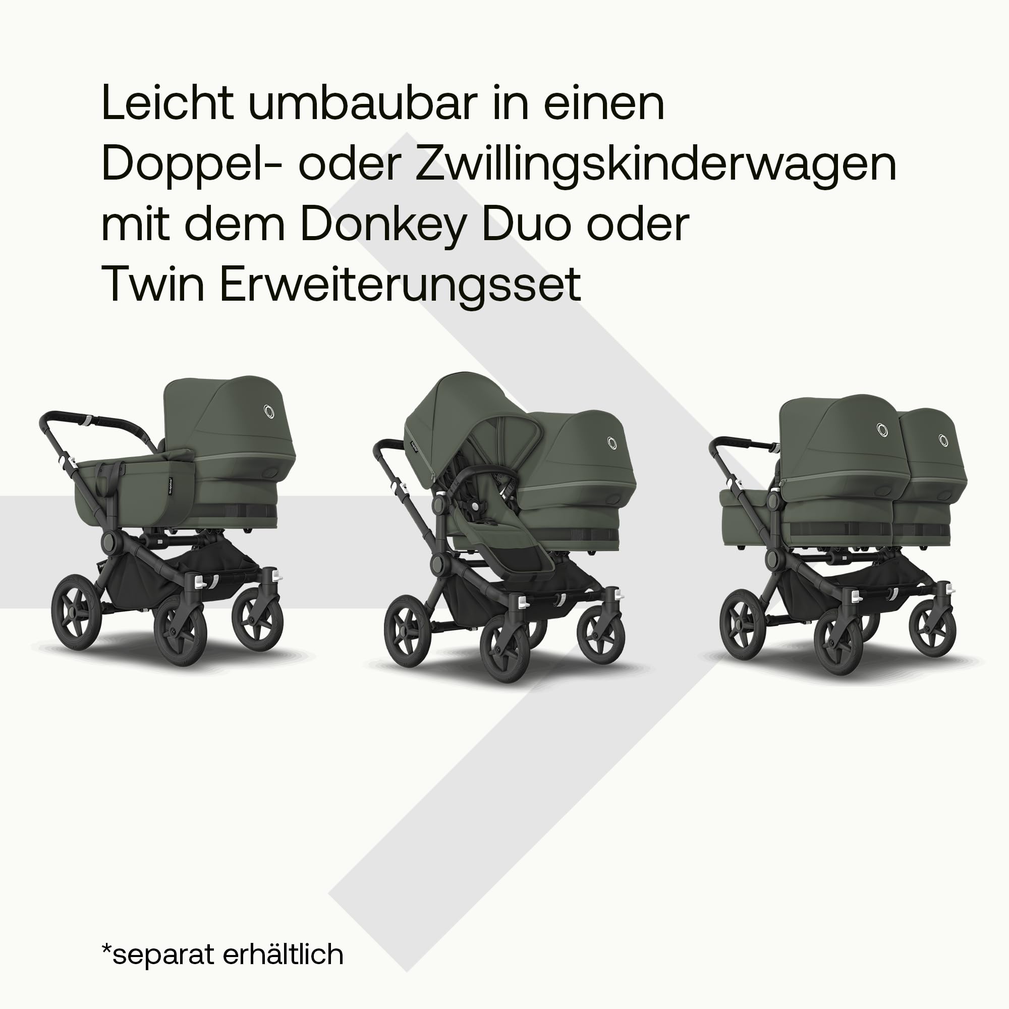 Bugaboo Donkey 5 Twin Erweiterungsset, verwandelt deinen Donkey 5 Mono in einen Zwillingskinderwagen,verbessertes Side By Side-Design, wendbarer Sitz und Ein-Hand-Steuerung, Forest Green
