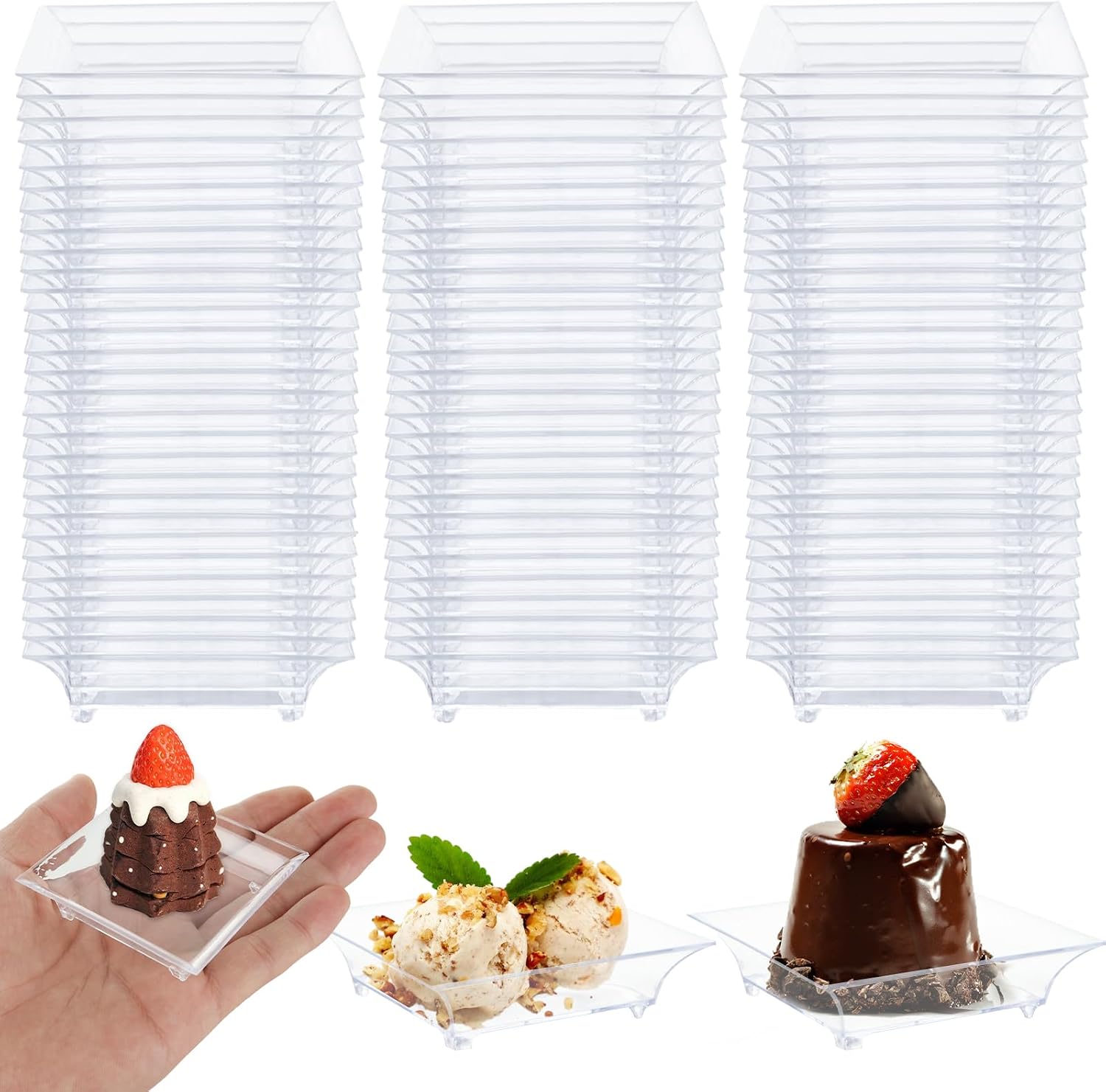 200 pack 1 oz mini dessert plates with spoons, 2.5 x 2.5 inch mini appetizer plates, small square plastic dish for sauce, dessert, fruit or appetizer