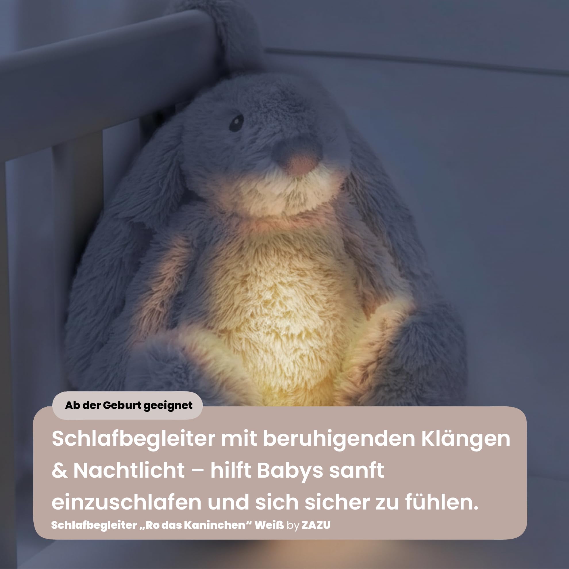 Schlafbegleiter „Ro das Kaninchen“ Weiß – beruhigende Klänge & Nachtlicht – für Babys & Kleinkinder – Zazu