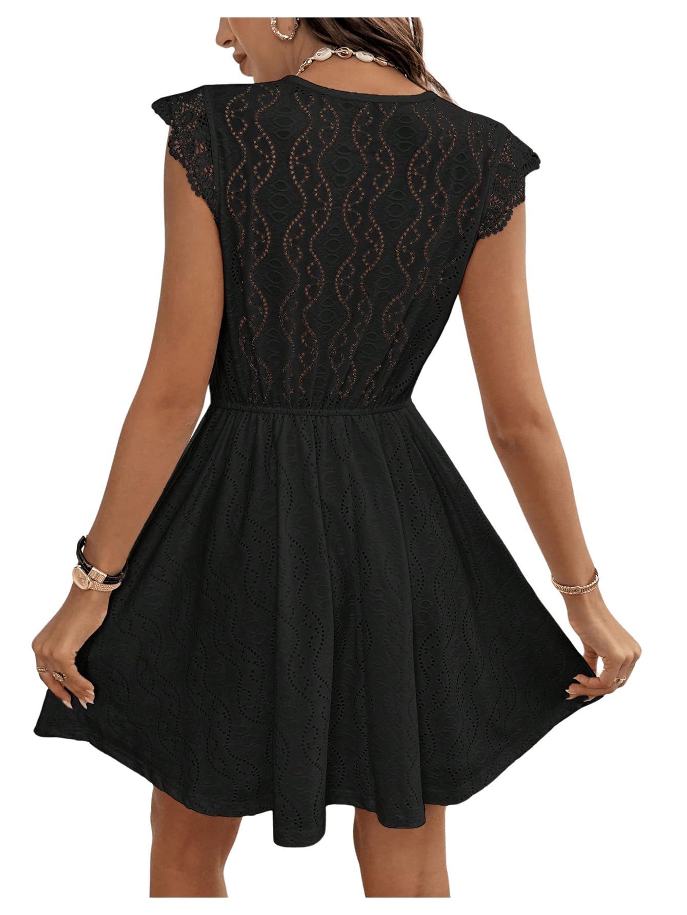 SweatyRocks Vestido de mujer elegante con líneas A, vestido de encaje con volantes, vestido corto de fiesta, vestido informal con cuello en V