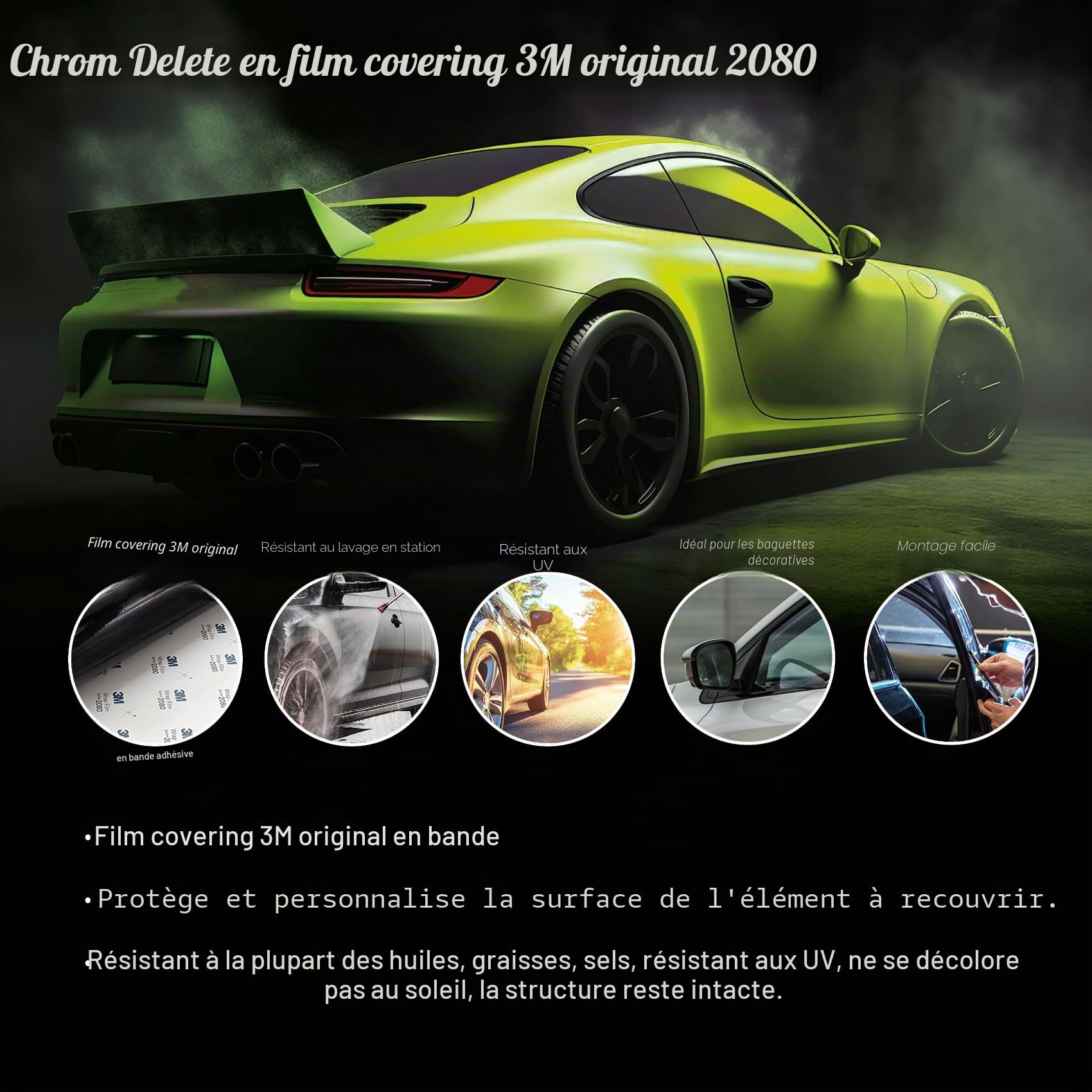 3M 2080 Bandes décoratives autocollantes et résistantes aux intempéries, 50 mm de large, avec raclette et couteau, pour moulures de voiture, moto, noir brillant, 5 m de long