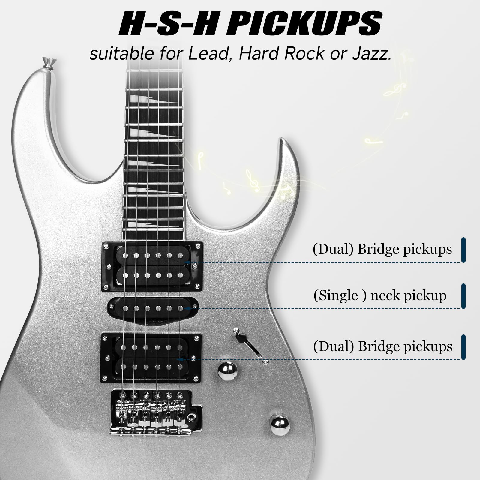 Chitarra elettrica principianti principianti pratica full size in legno massello HSH pickup con amplificatore, borsa, capotasto, cinghia, cavo, plettri, (99 cm, destrorsi, argento)