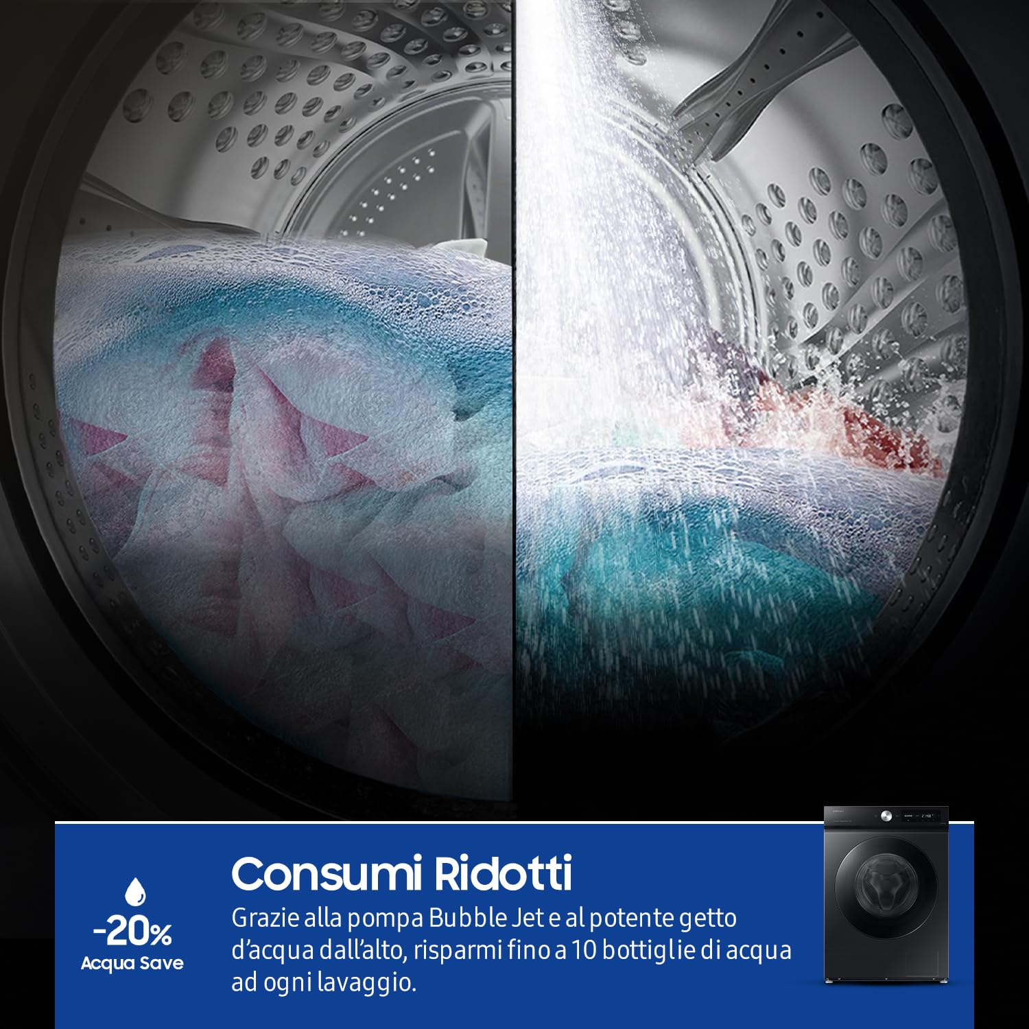 Samsung Lavatrice BESPOKE AI WW90DB7U94GB/U3 Libera installazione, 9 Kg, Ecodosatore, Super Speed, AI Wash, Corpo: Nero, Oblò: Nero, 60l x 85h x 60p cm