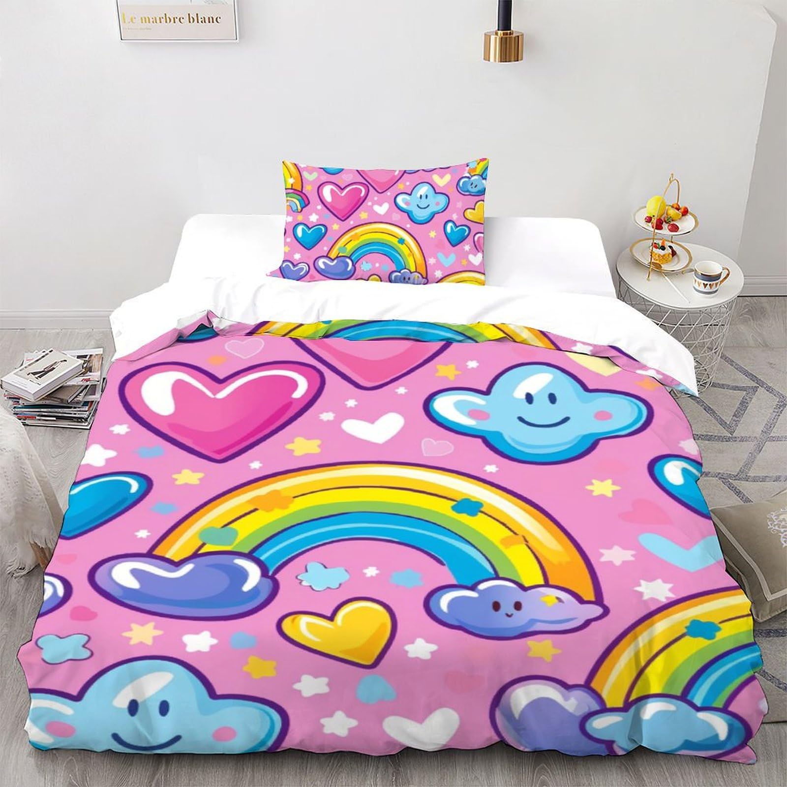 Housse de couette kids motifs d'amour mignon, parure de lit single 135x200cm pour enfants