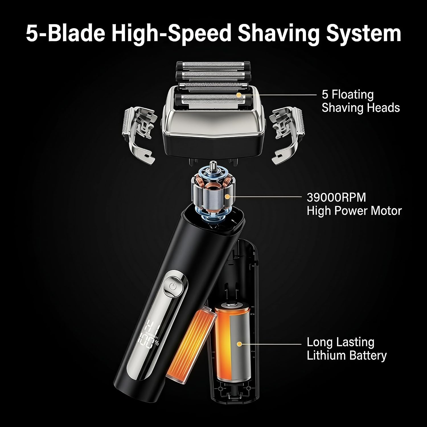 Electric Foil Shavers for Men - 5 Floating Blades Electric Beard Razor with LED Display