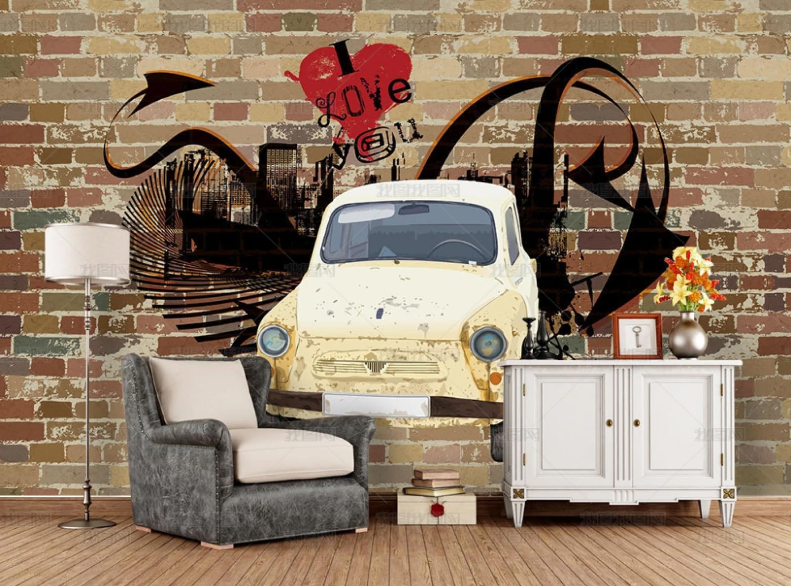 Ręcznie malowane retro litery samochodu cegła dekoracja ścienna malarstwo ścienne kawiarnia restauracja 3D 250 x 175 cm