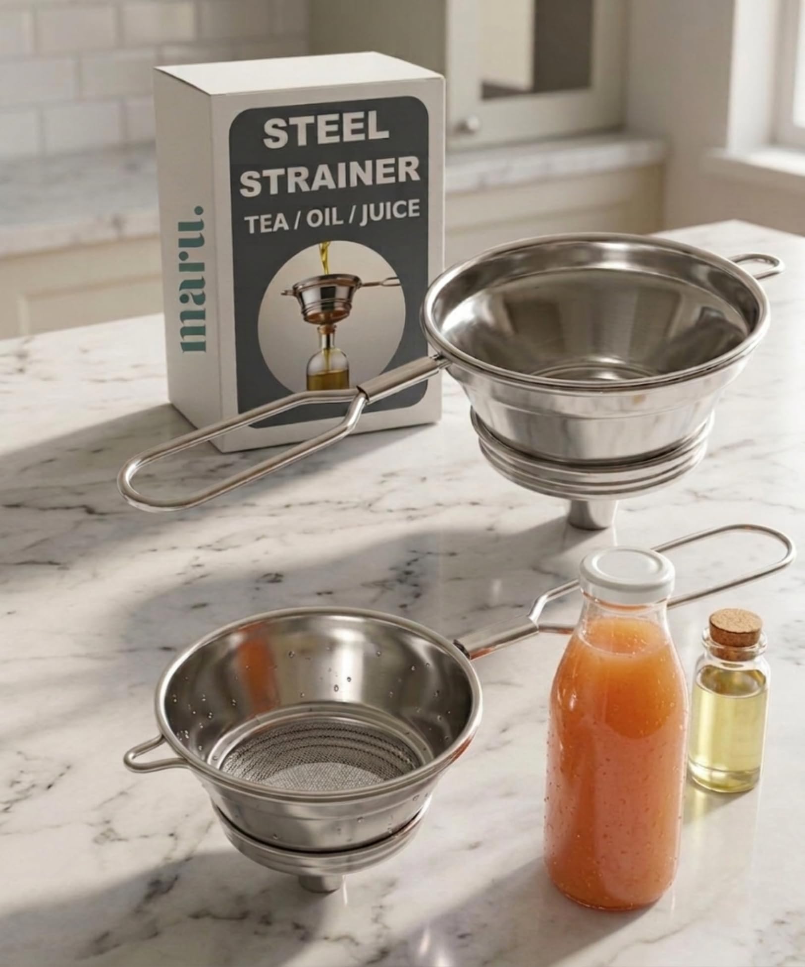 MARU Steel Strainer/Chai Channi Set of 2 pcs (Large & Medium), Easy Pouring Funnel for Narrow Bottles, Threaded Design for Easy Cleaning, Fine Net Filter for Tea, Oil, Juice, Coffee, Milk & Liquids
