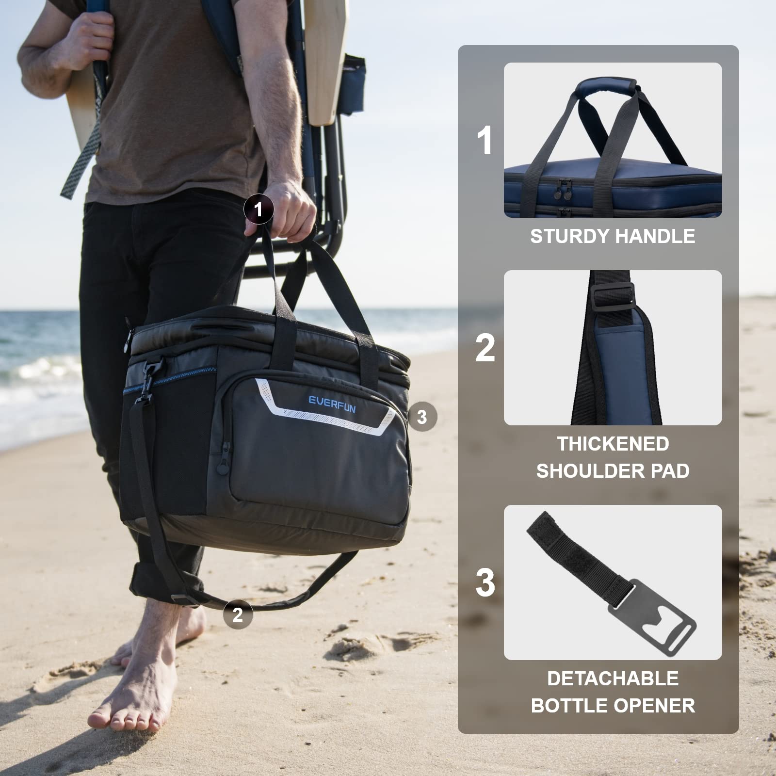 EVERFUN Grande borsa termica morbida da viaggio, spiaggia, isolante, per uomo, 48 lattine, doppio scomparti, pieghevole, impermeabile, a prova di perdite, per campeggio, picnic, blu navy