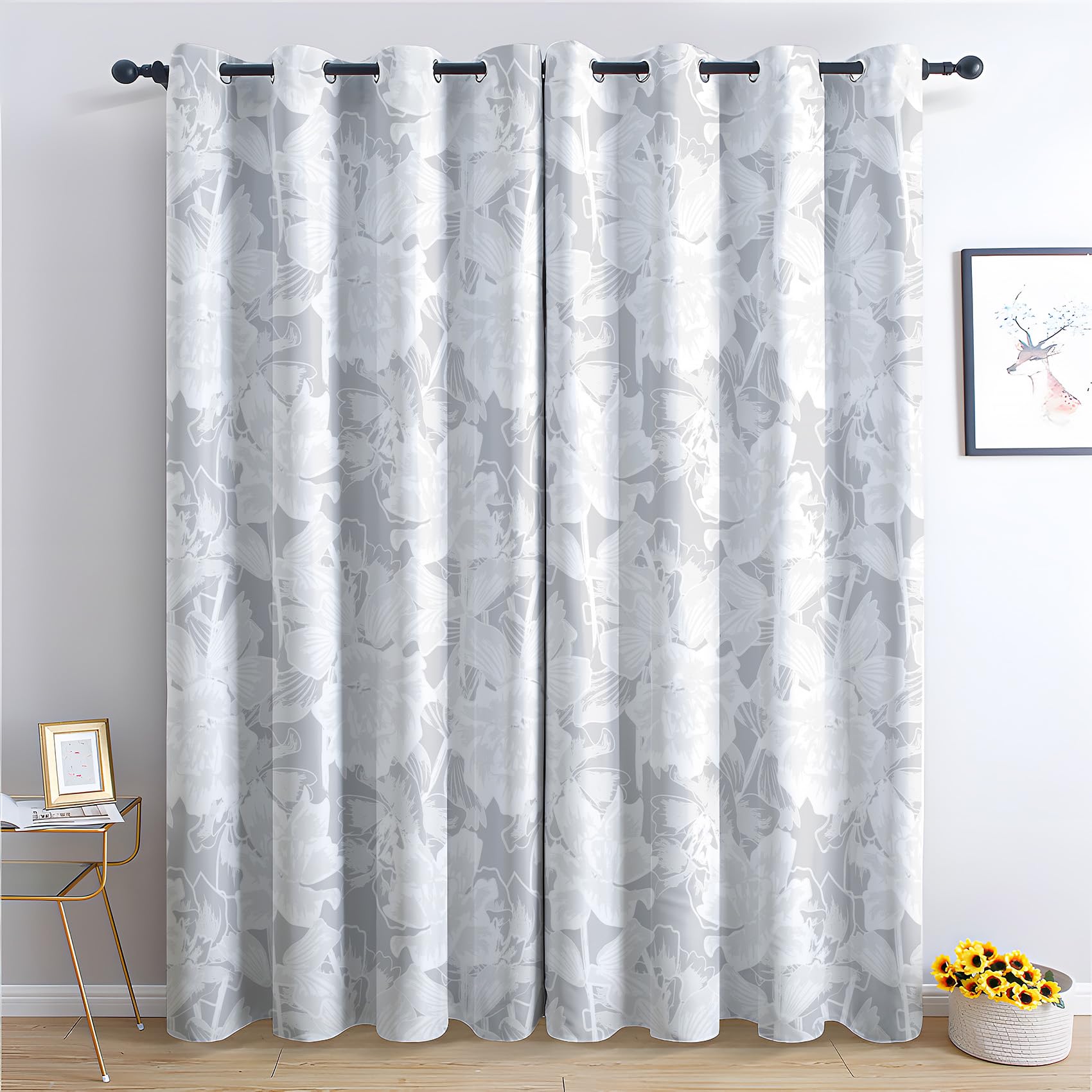 ADEIRO Grey Floral Curtains, Flower Modern Blackout Curtains for Bedroom Living Room, Home Decoration Thermal Eyelet Curtain 66x90 Inch (W x L), 90 Drop Patterned Window Treatments, 2 Panels